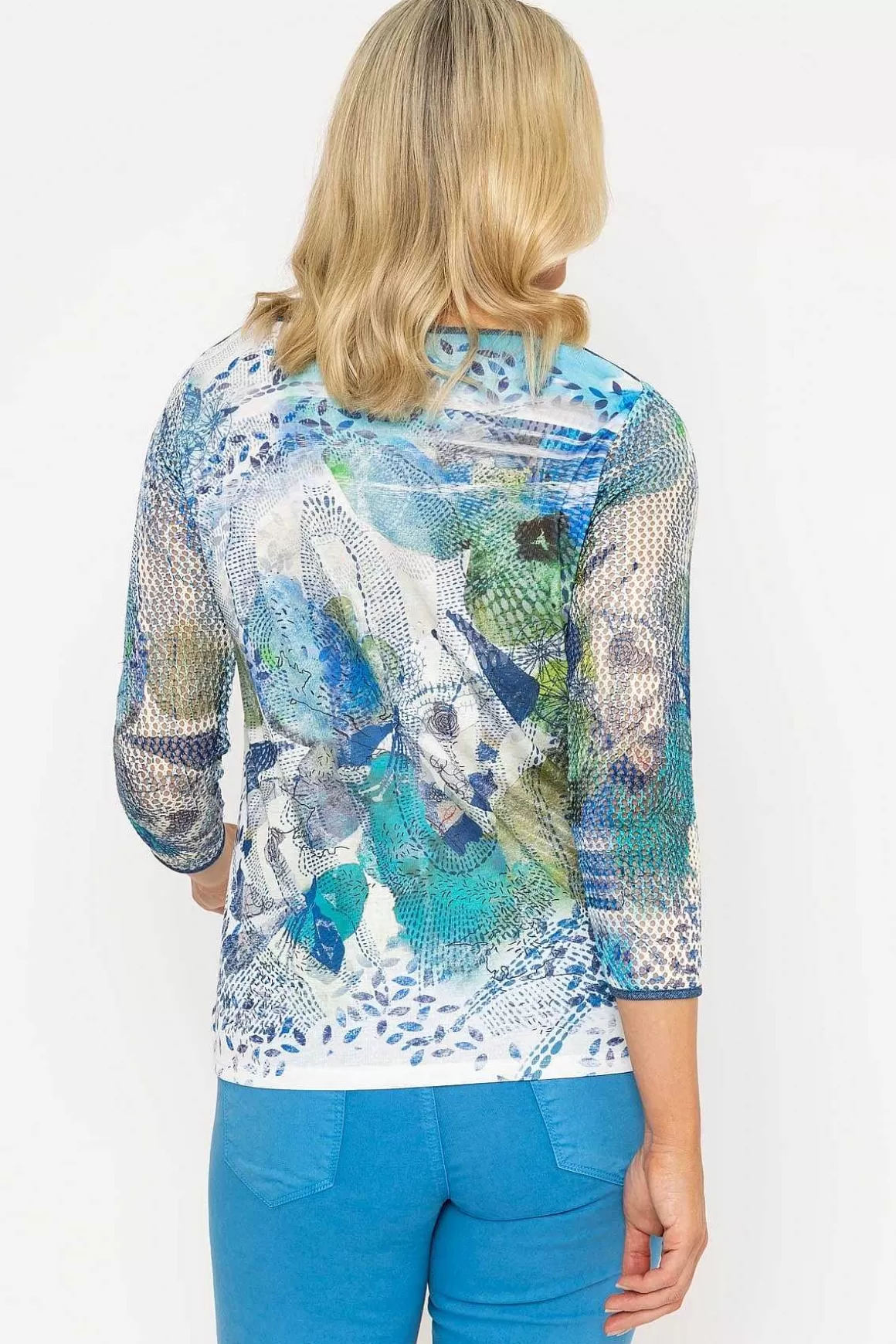 Kalisson 3/4 Sleeve Printed Round Neck Top In Aqua New