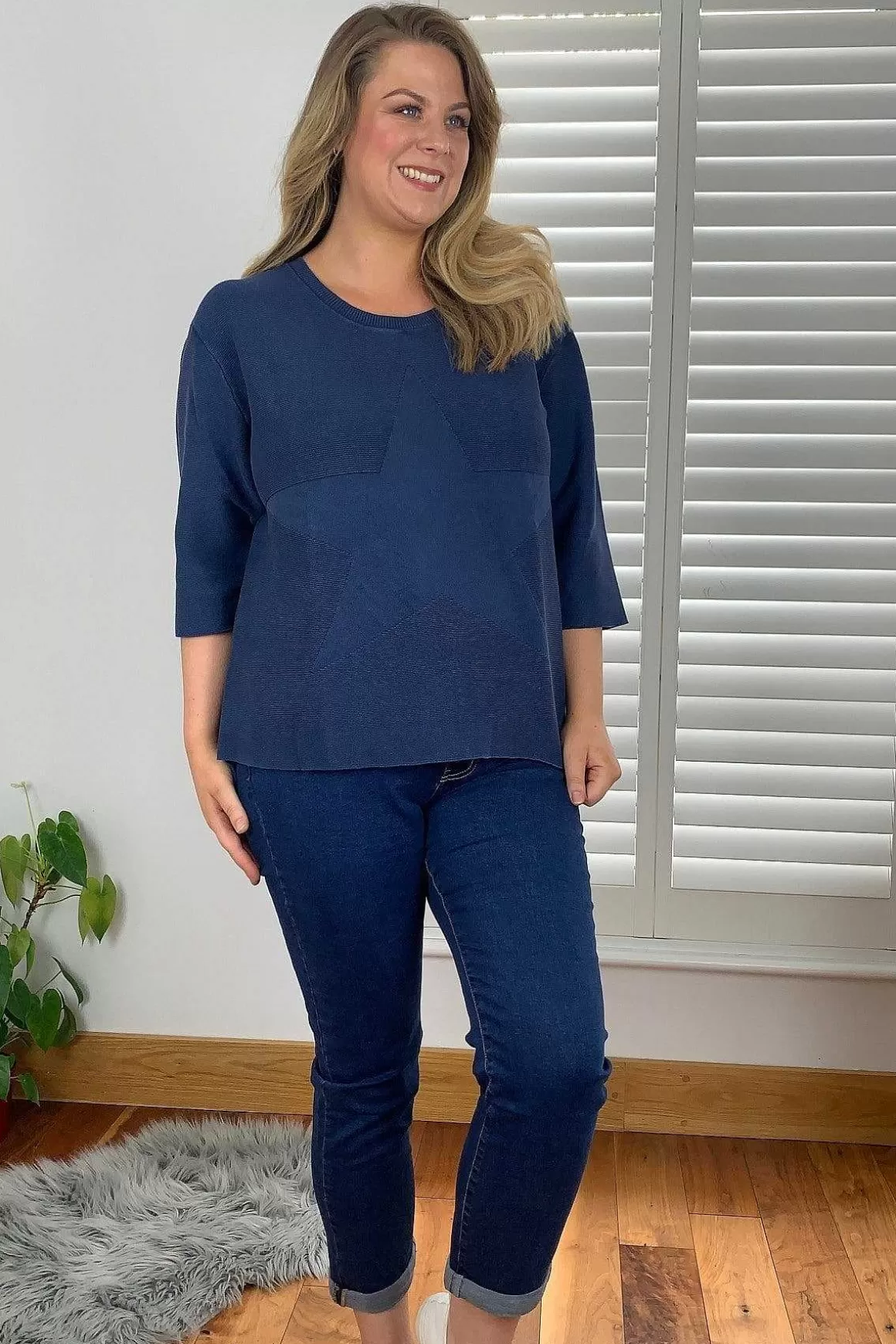 Ulla Popken 3/4 Sleeve Star Knit Sweater In Dark Blue Outlet