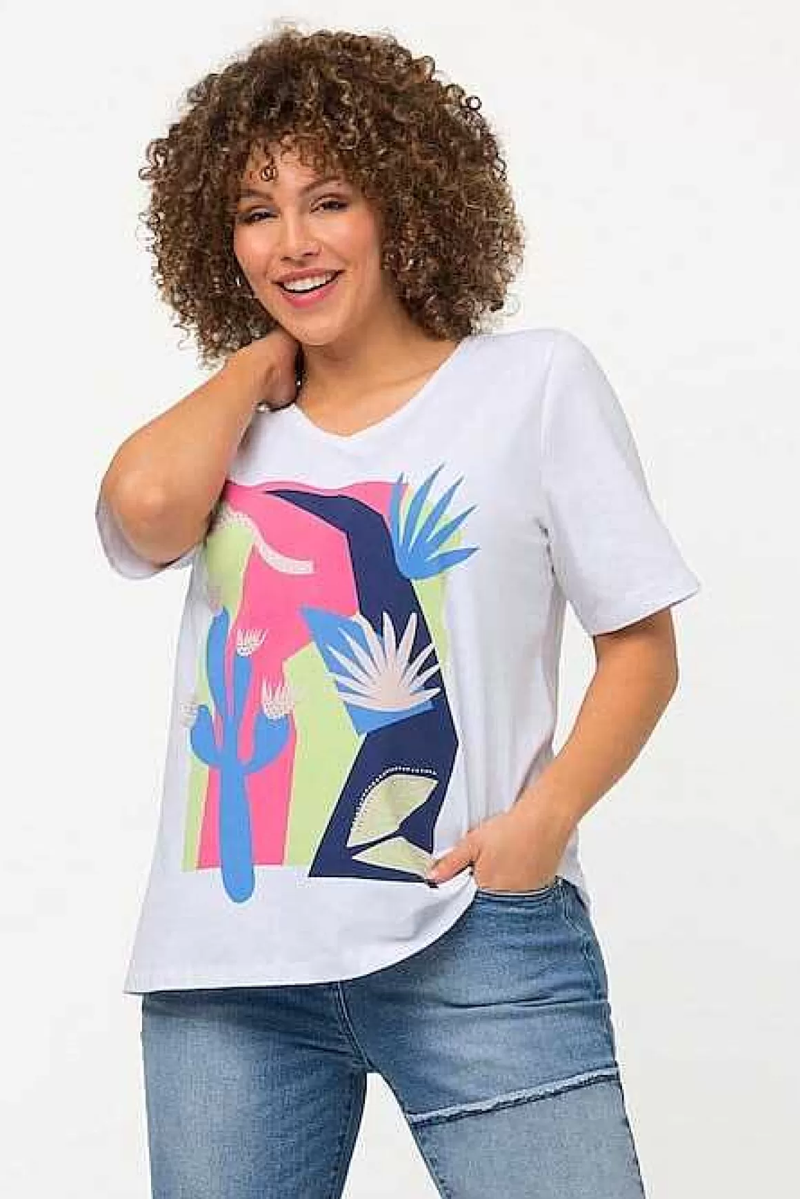 Ulla Popken Abstract Cactus Graphic Top In Off White Best Sale