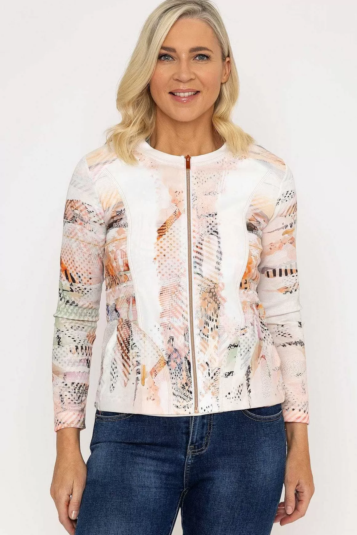 Kalisson Abstract Printed Zip Up Jacket In Peach New