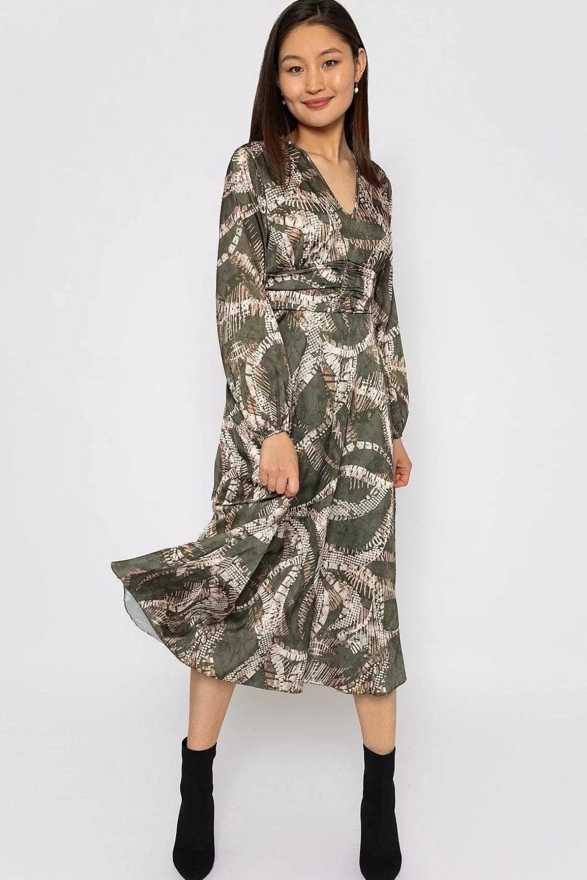 Pala D'oro Alina Khaki Print Midi Dress Store