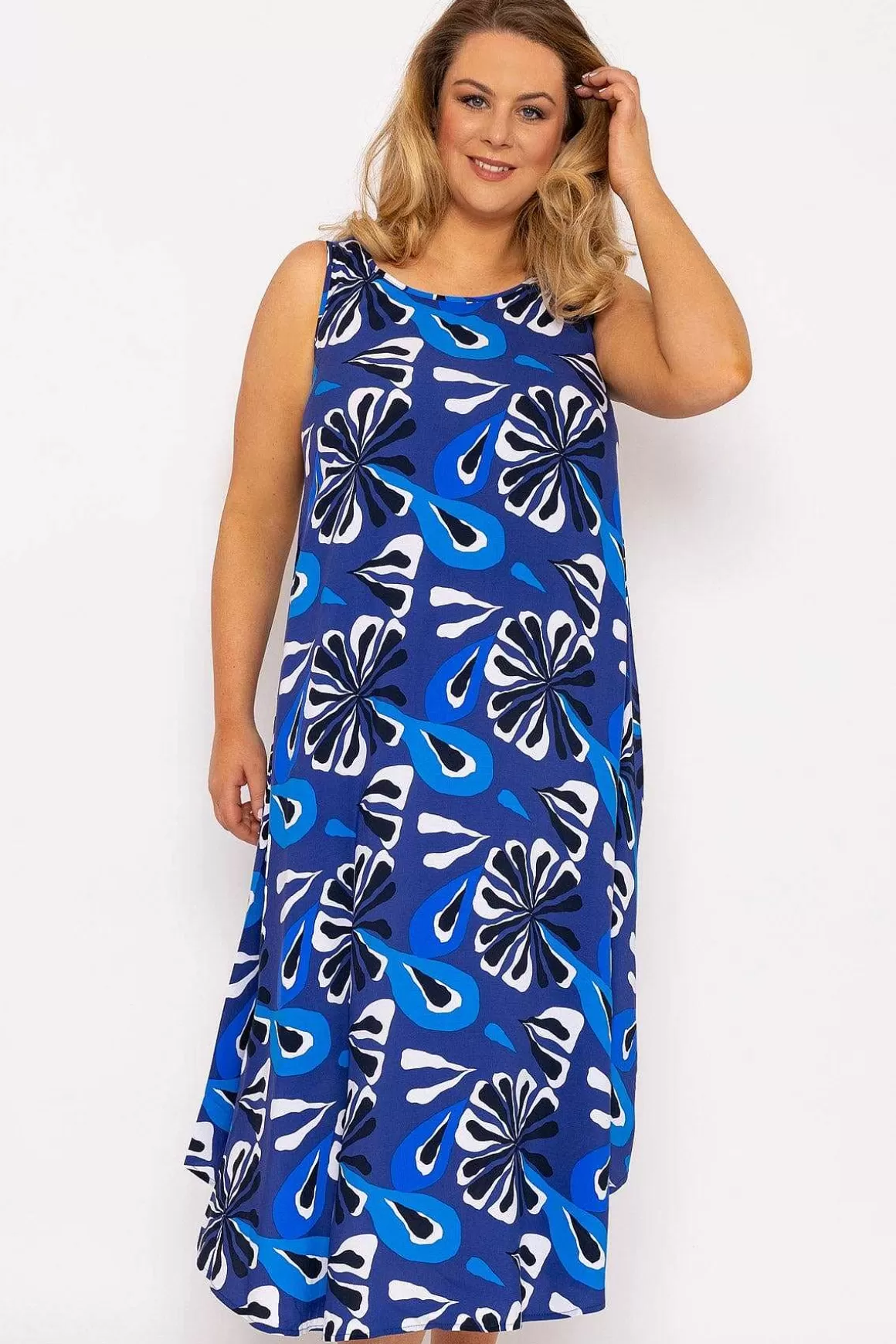 Ulla Popken A-Line Midi Dress In Blue Print Fashion