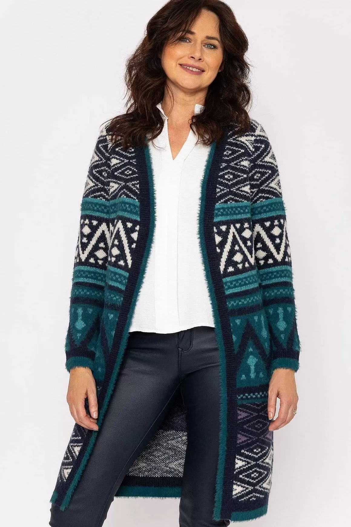 Voulez Vous Aztec Longline Cardigan In Teal Shop