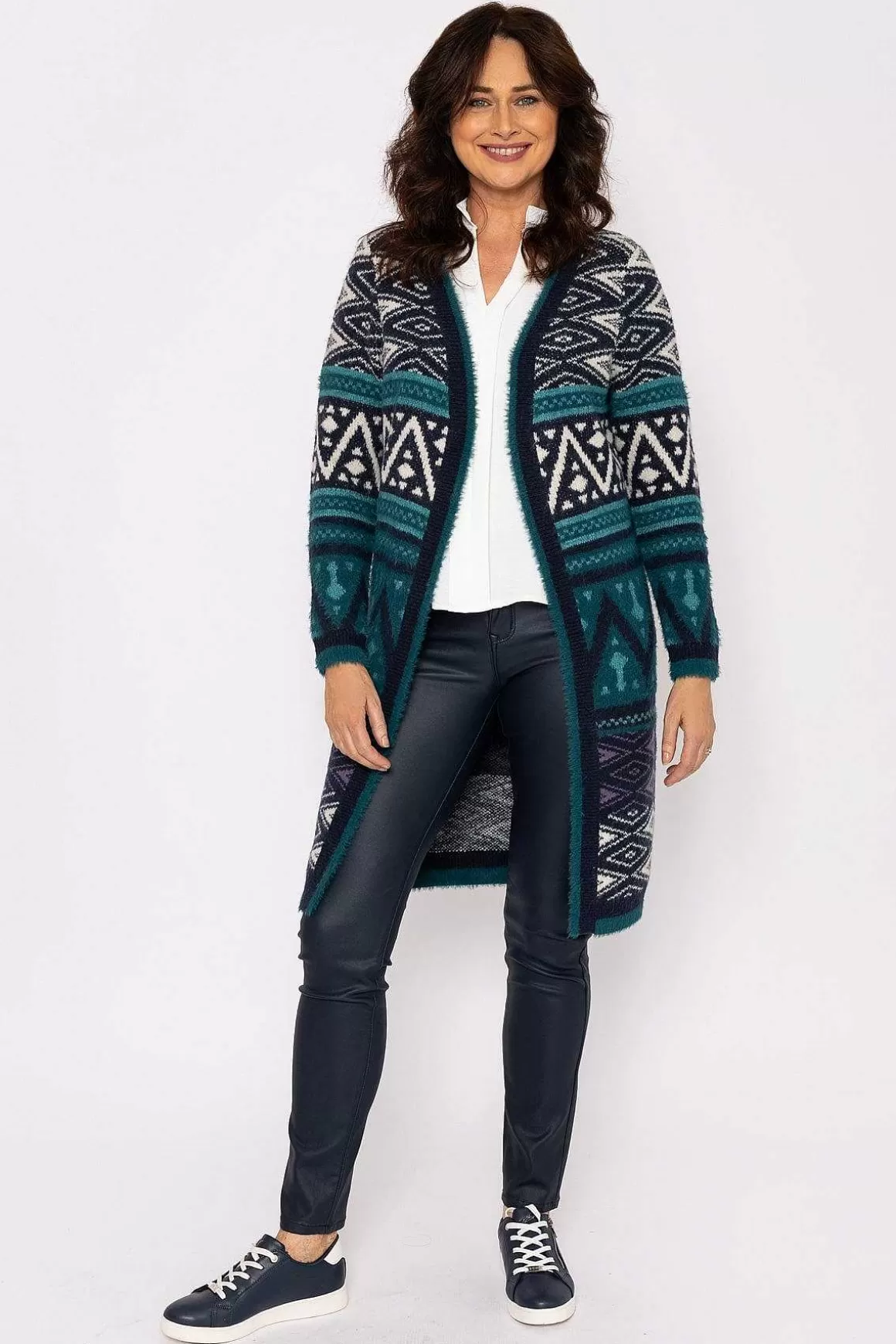 Voulez Vous Aztec Longline Cardigan In Teal Shop