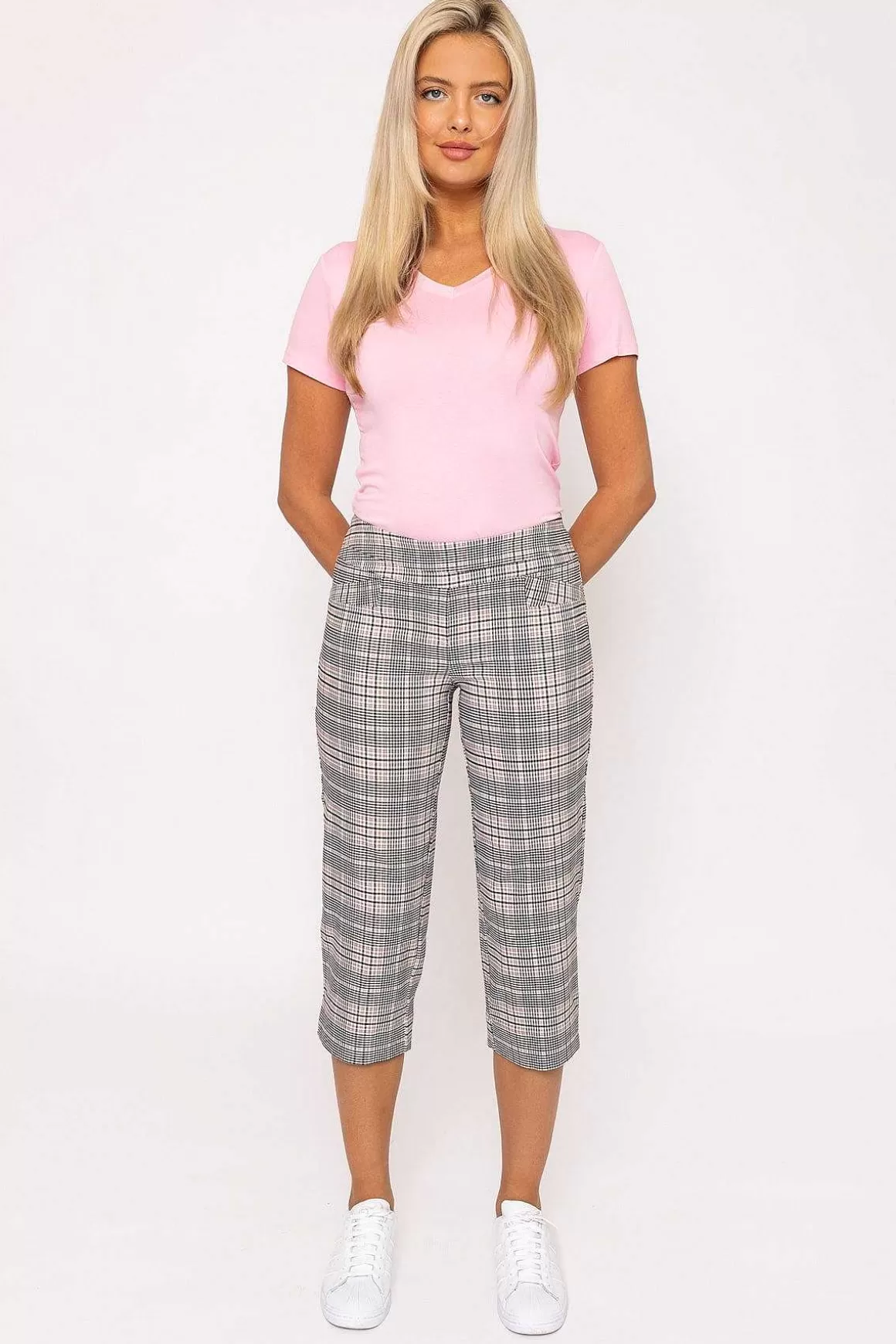 Kelly & Grace Weekend Bengaline Check Crop Pants In Pink Print Online