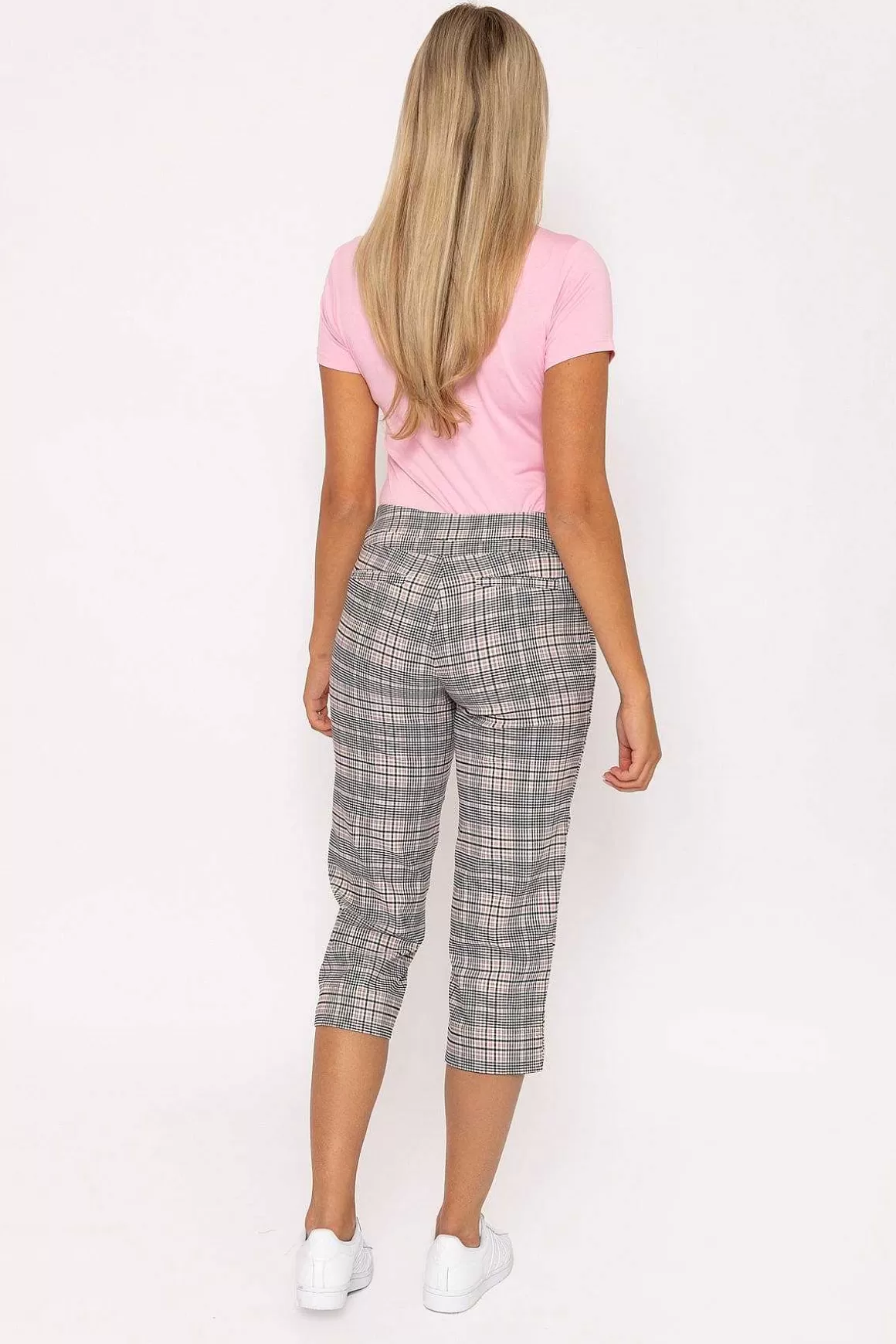 Kelly & Grace Weekend Bengaline Check Crop Pants In Pink Print Online