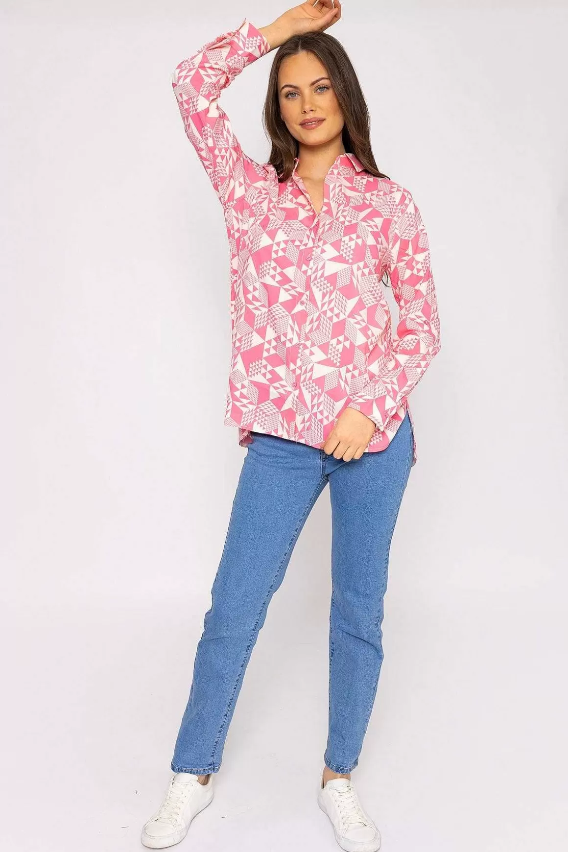 Rowen Avenue Blouse In Pink Geo Print Clearance