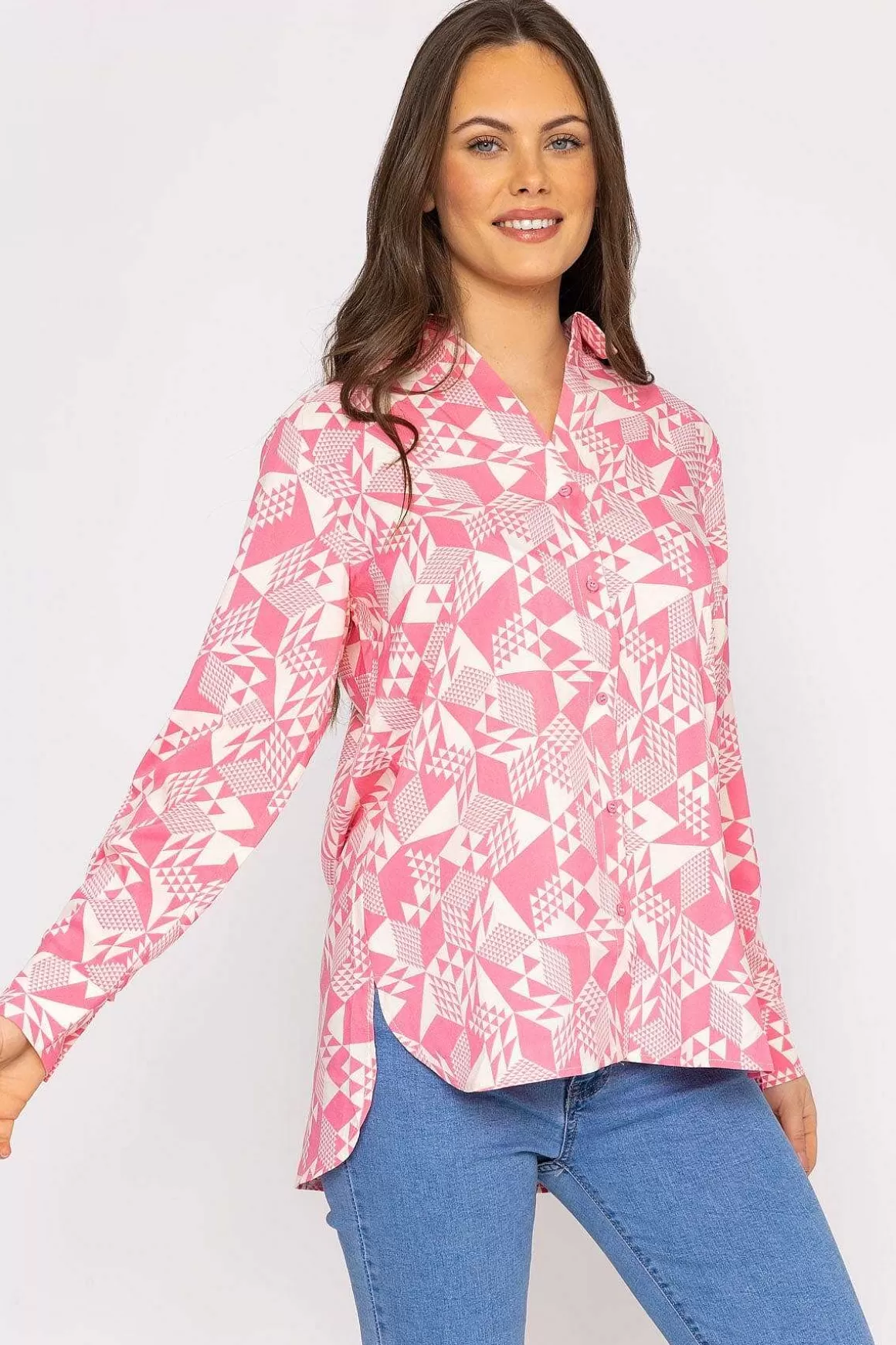 Rowen Avenue Blouse In Pink Geo Print Clearance