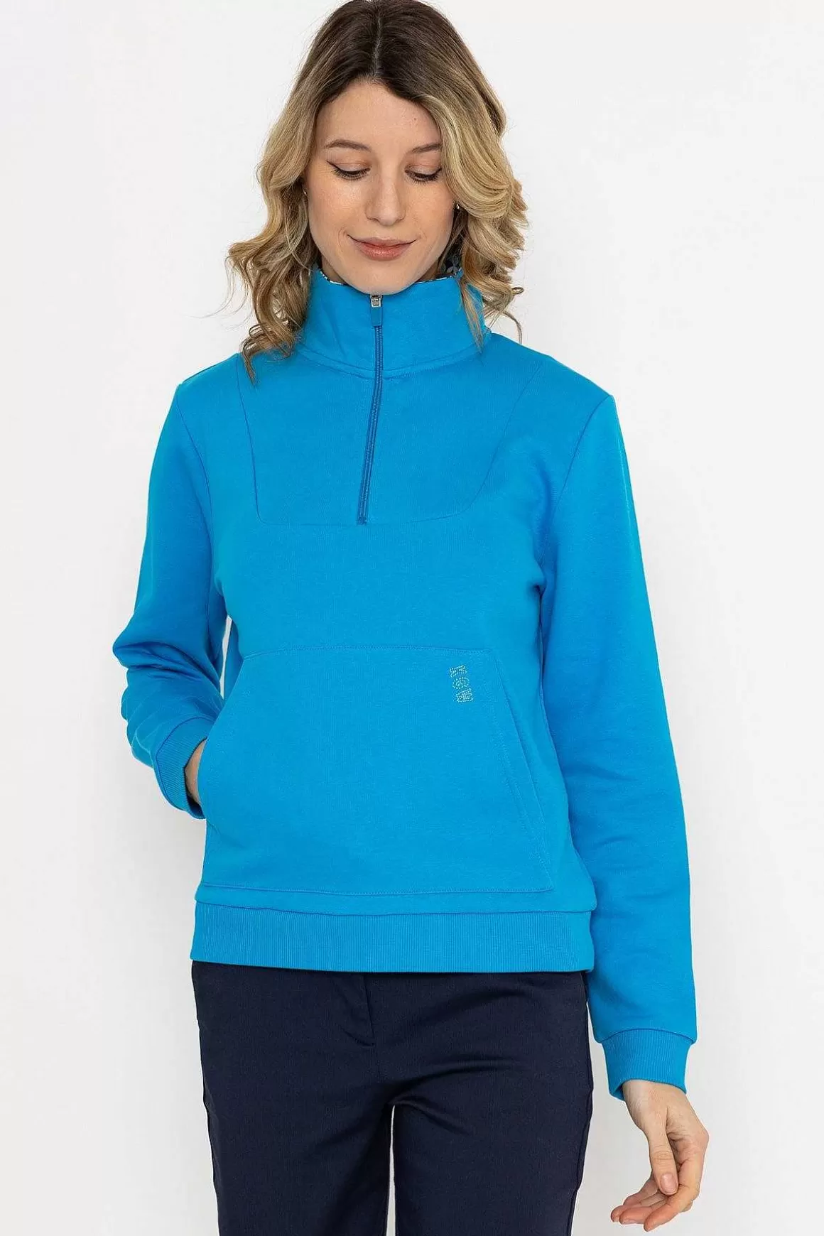 Kelly & Grace Weekend Blue 1/4 Zip Pocket Sweatshirt Best