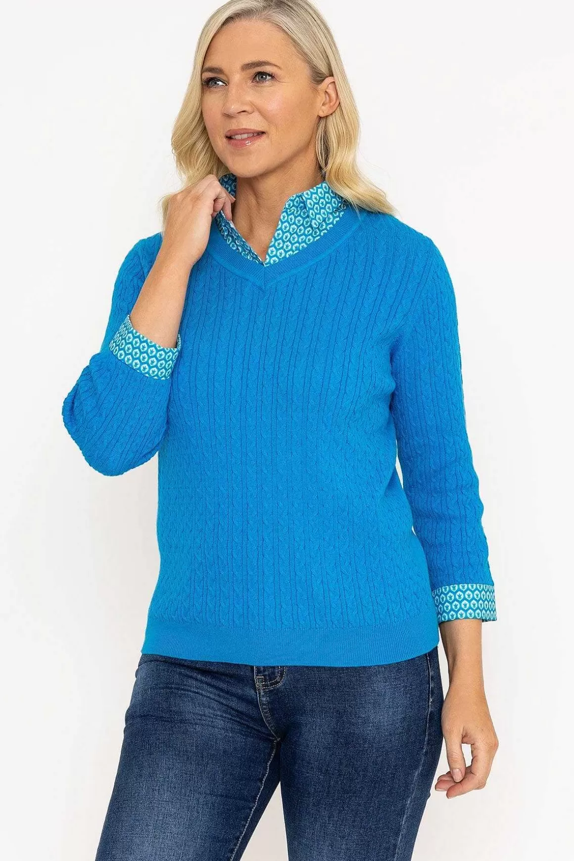 Voulez Vous Blue Cable Knit Sweater With Shirt Collar Flash Sale