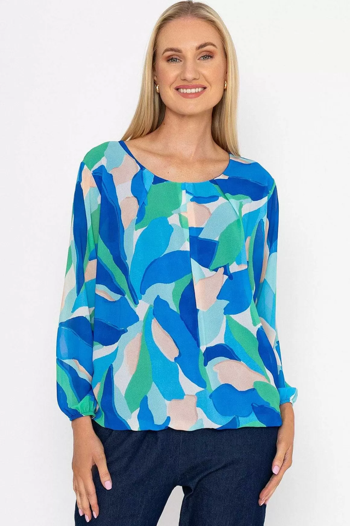 Pala D'oro Blue Printed Long Sleeve Blouse Flash Sale