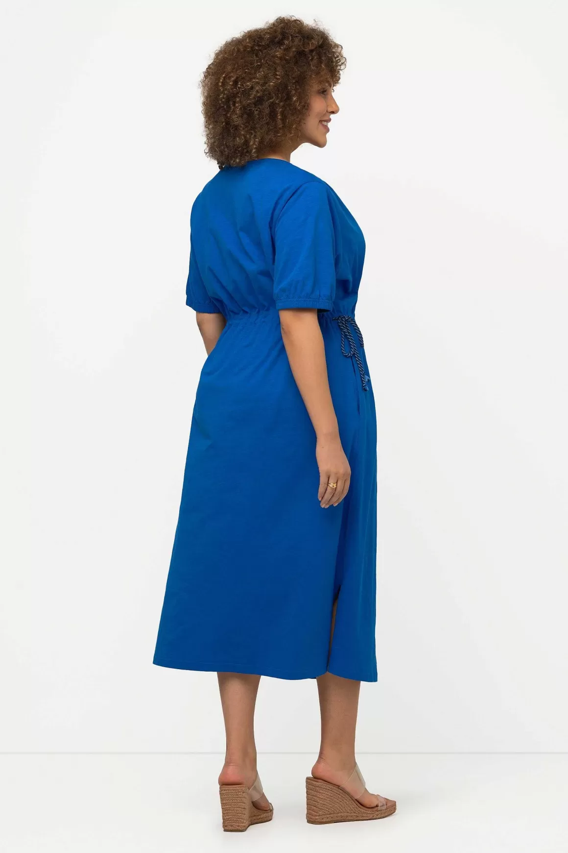 Ulla Popken Blue Short Sleeve Drawstring Waist Midi Dress Outlet