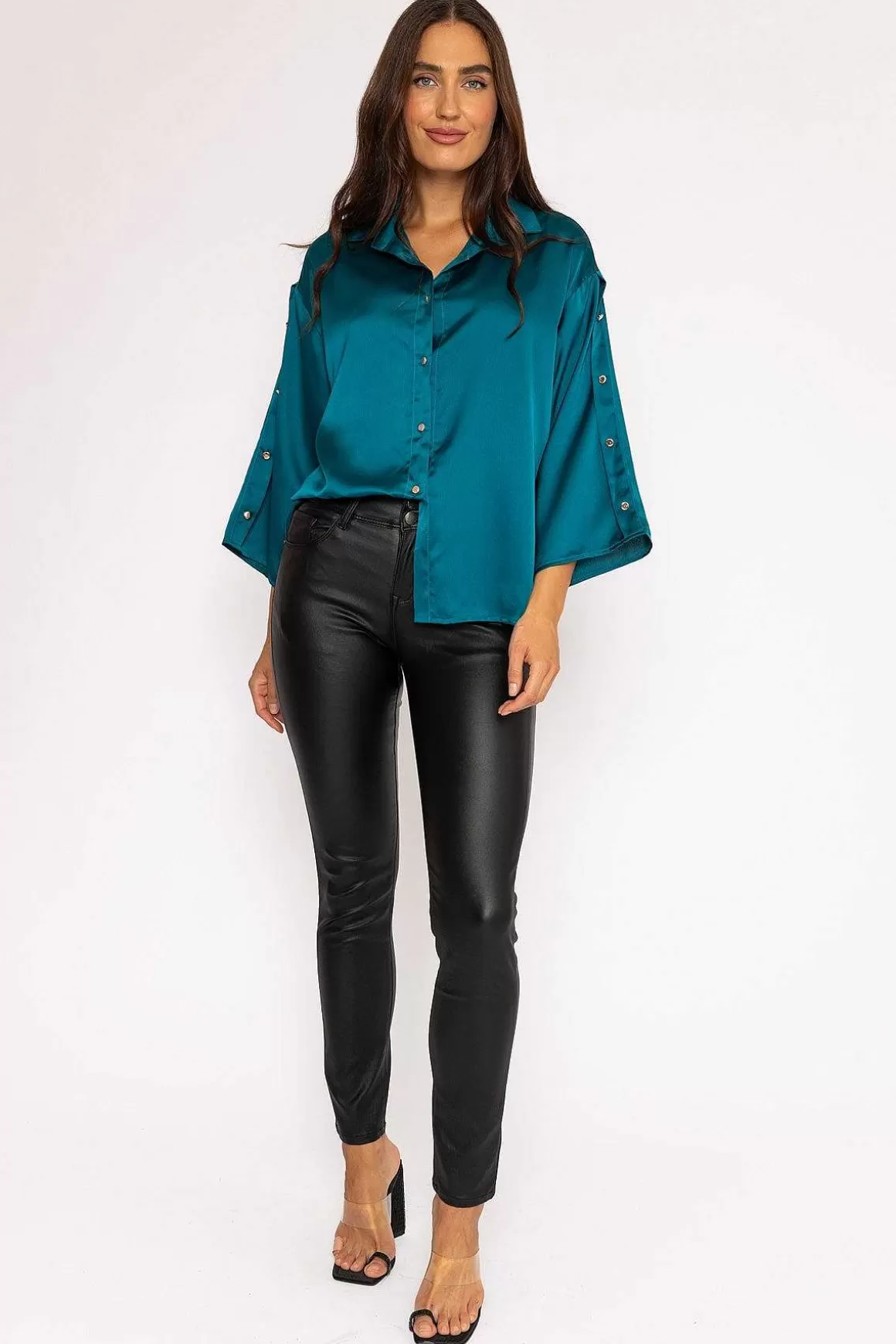 Pala D'oro Button Sleeve Blouse In Teal Clearance