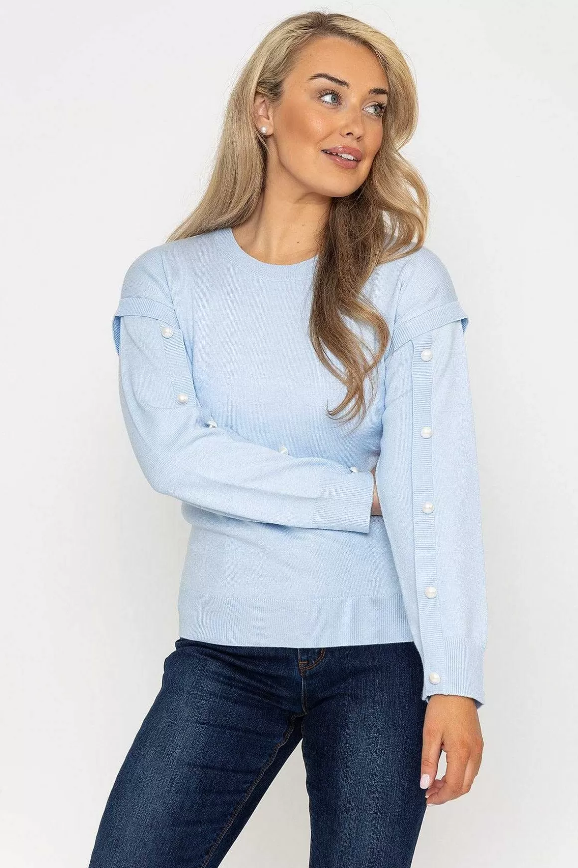 Kelly & Grace Weekend Button Sleeve Knit In Blue Best Sale