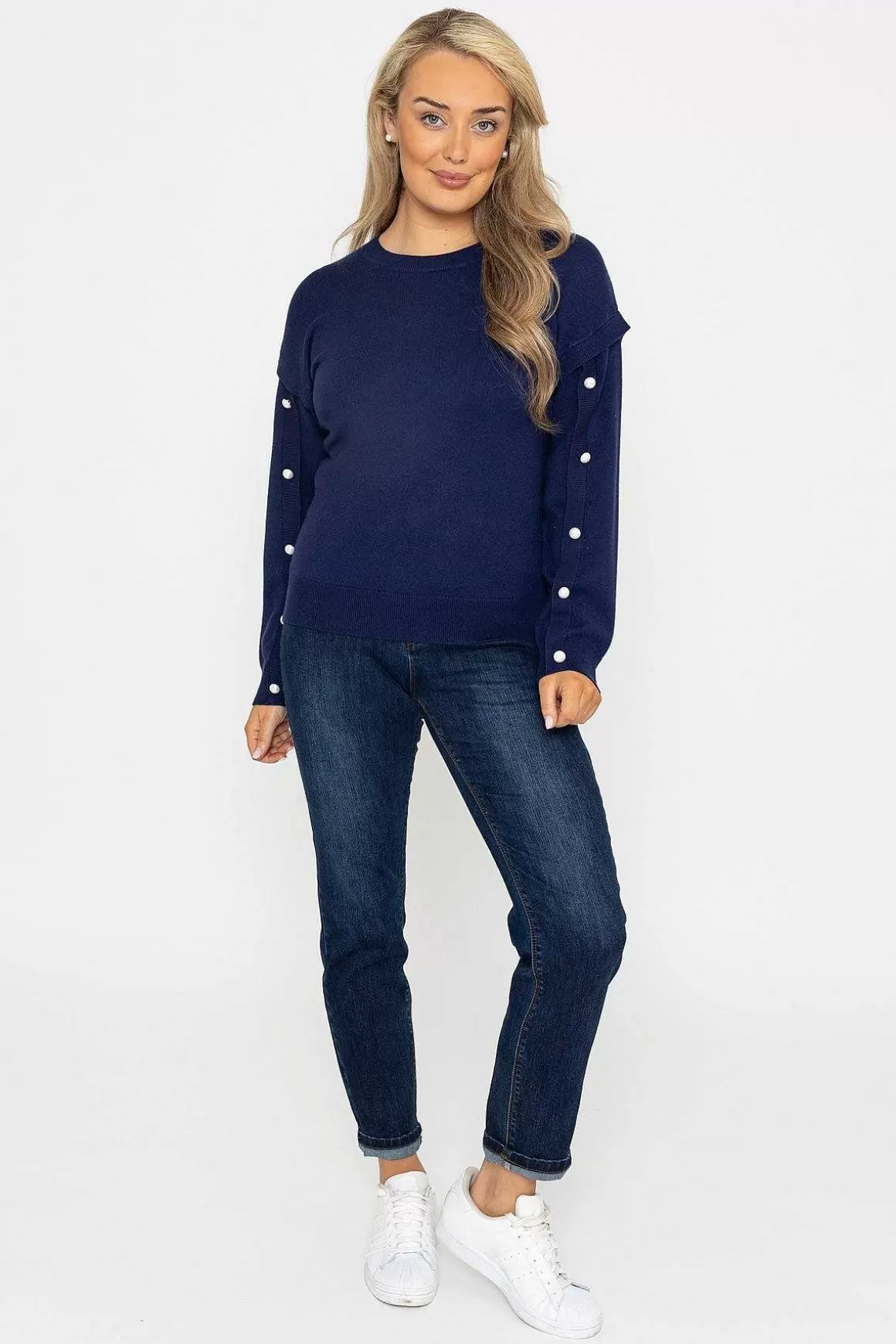 Kelly & Grace Weekend Button Sleeve Knit In Navy Hot