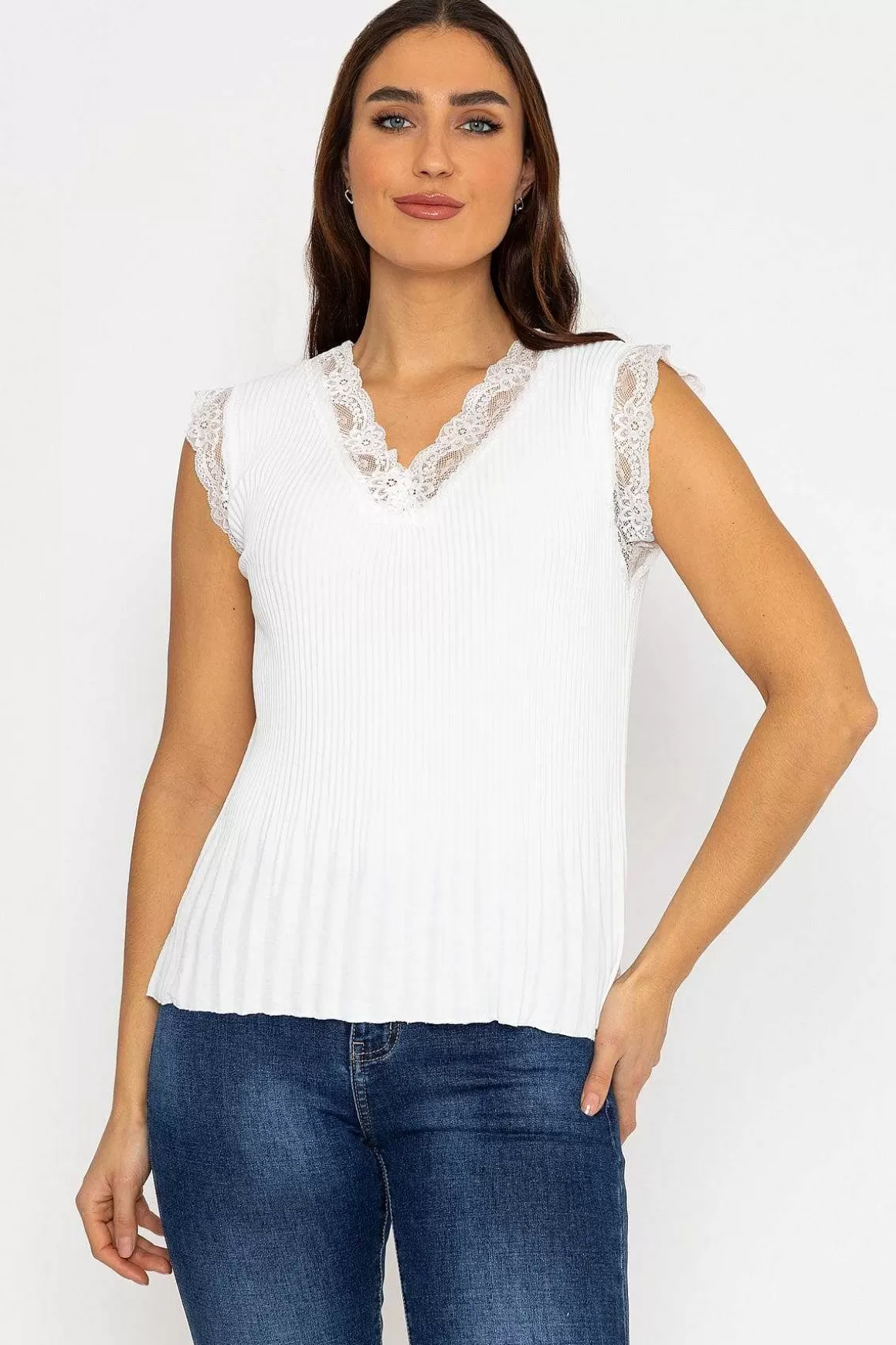 Pala D'oro Cap Sleeve Lace Trim Pleated Top In Ecru Store