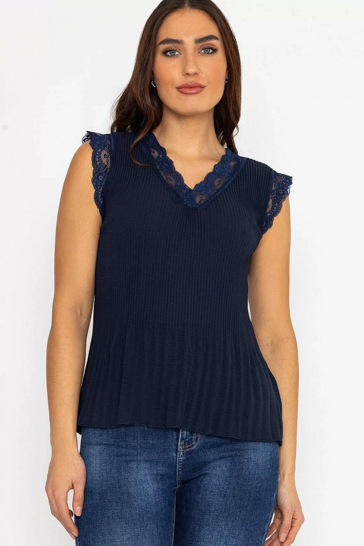 Pala D'oro Cap Sleeve Lace Trim Pleated Top In Navy Best Sale