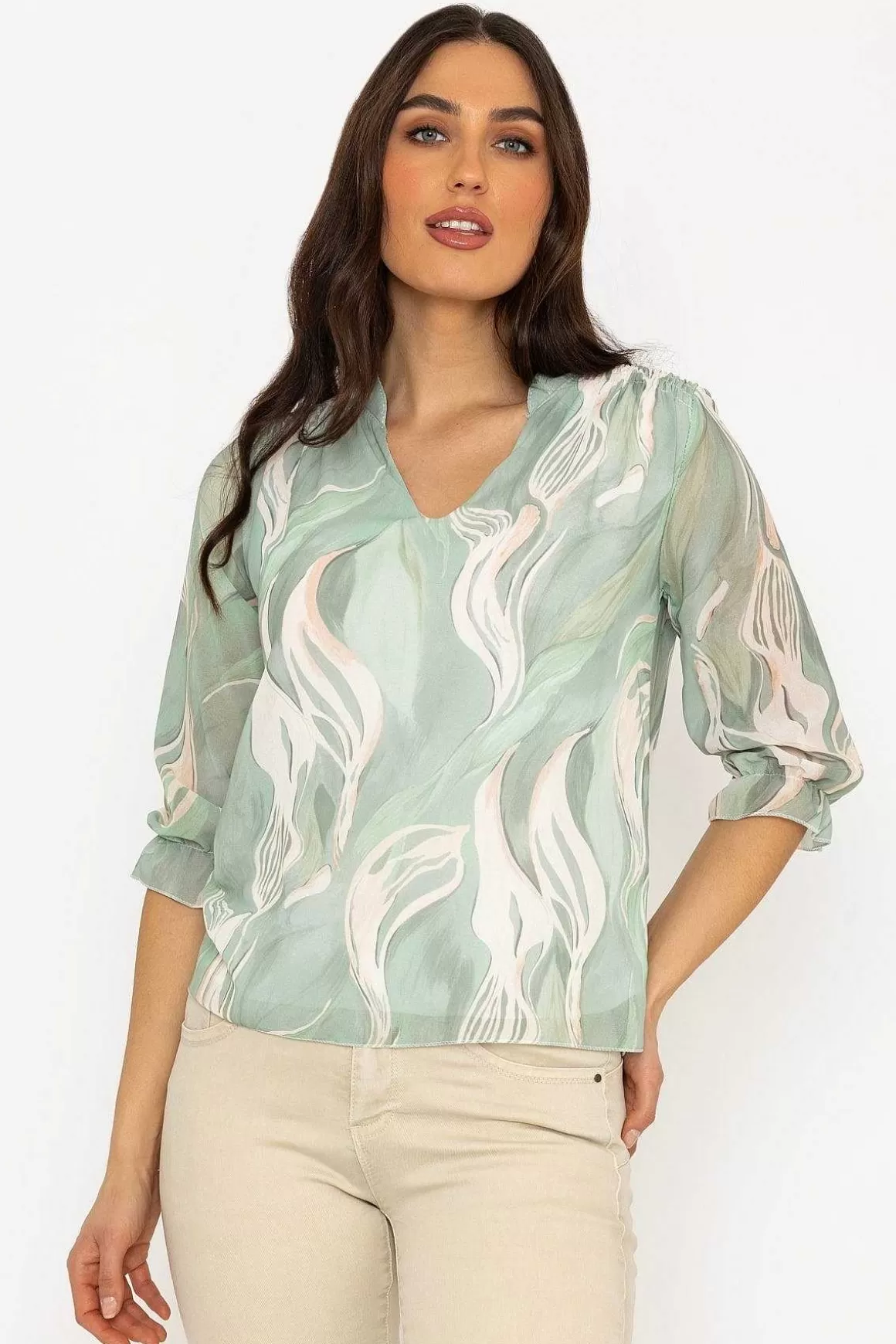 Pala D'oro Collarless Blouse In Khaki Cheap