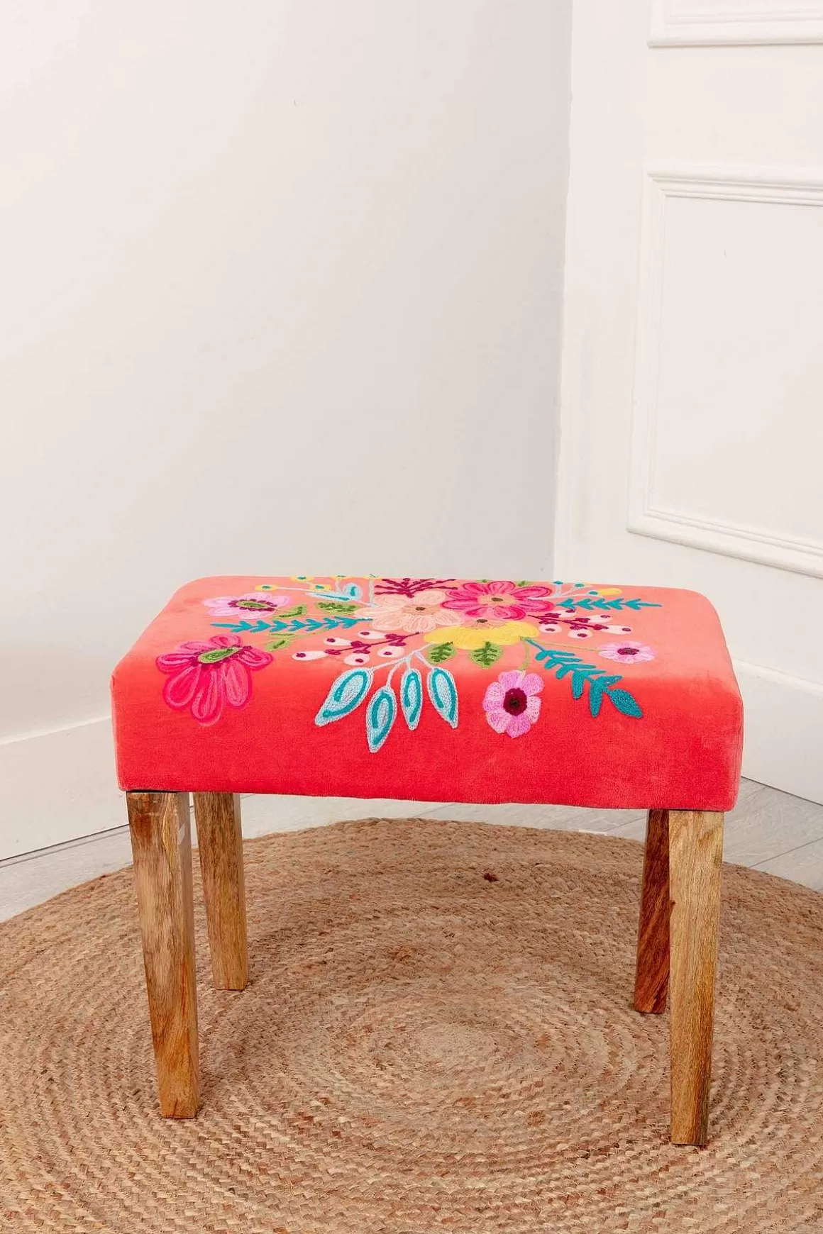 Carraig Donn HOME Coral Velvet Embroidered Floral Foot Stool Sale