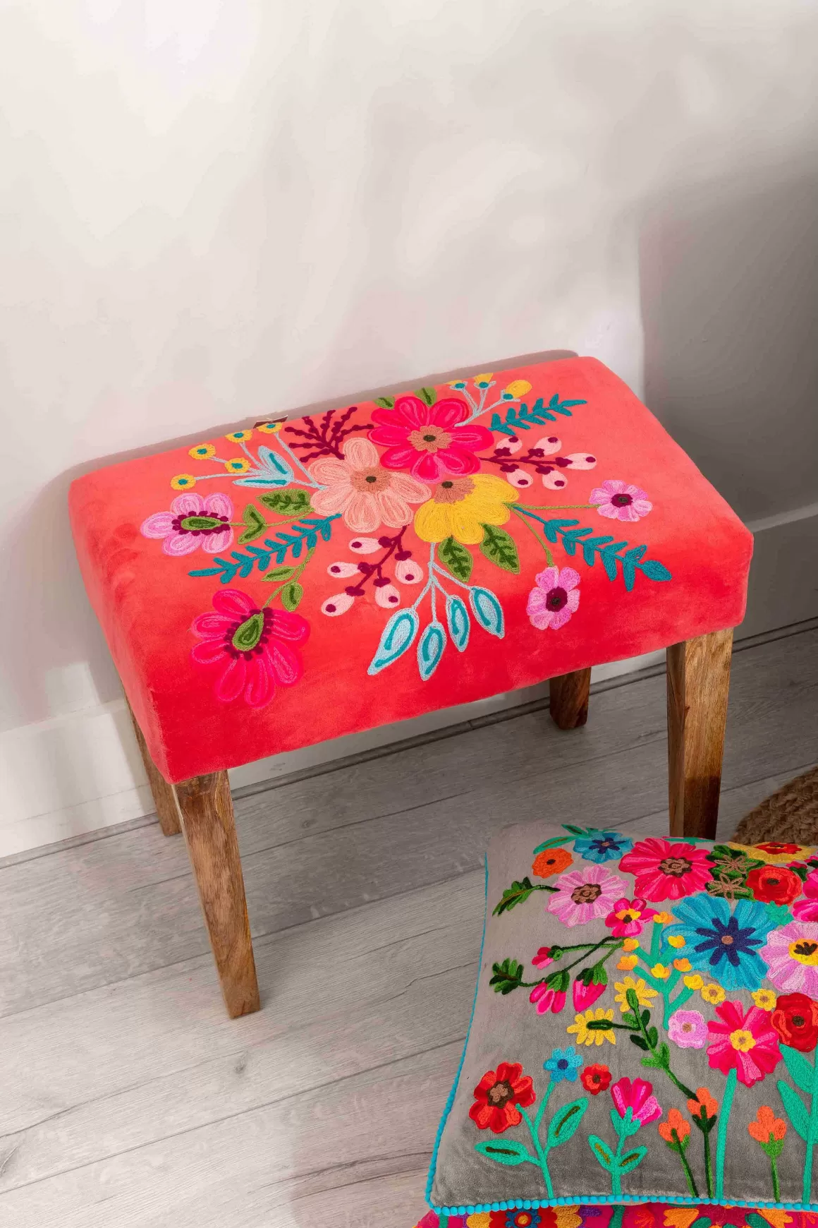 Carraig Donn HOME Coral Velvet Embroidered Floral Foot Stool Sale
