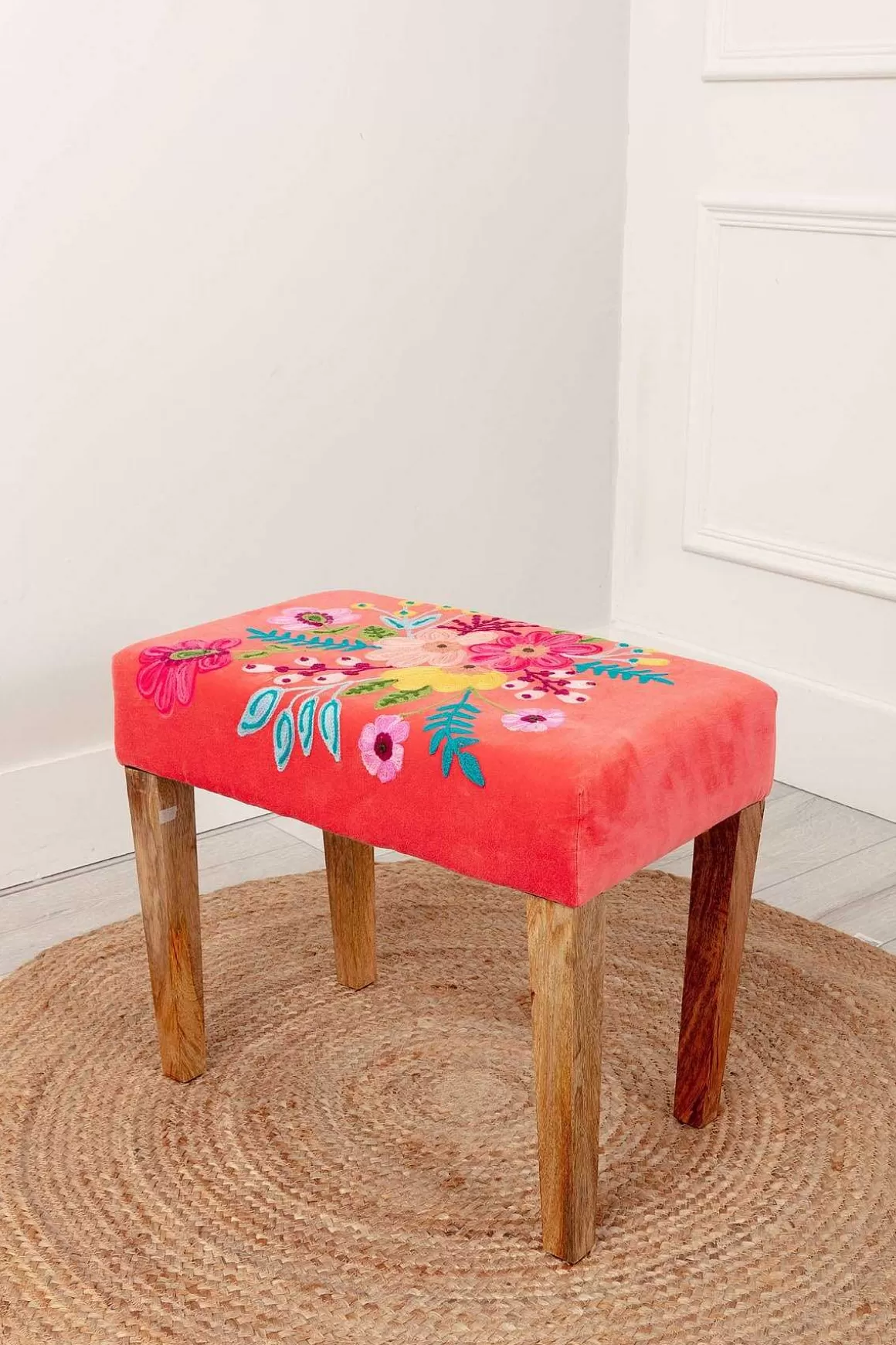 Carraig Donn HOME Coral Velvet Embroidered Floral Foot Stool Sale