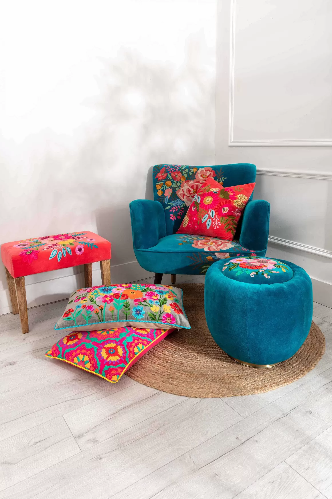 Carraig Donn HOME Coral Velvet Embroidered Floral Foot Stool Sale