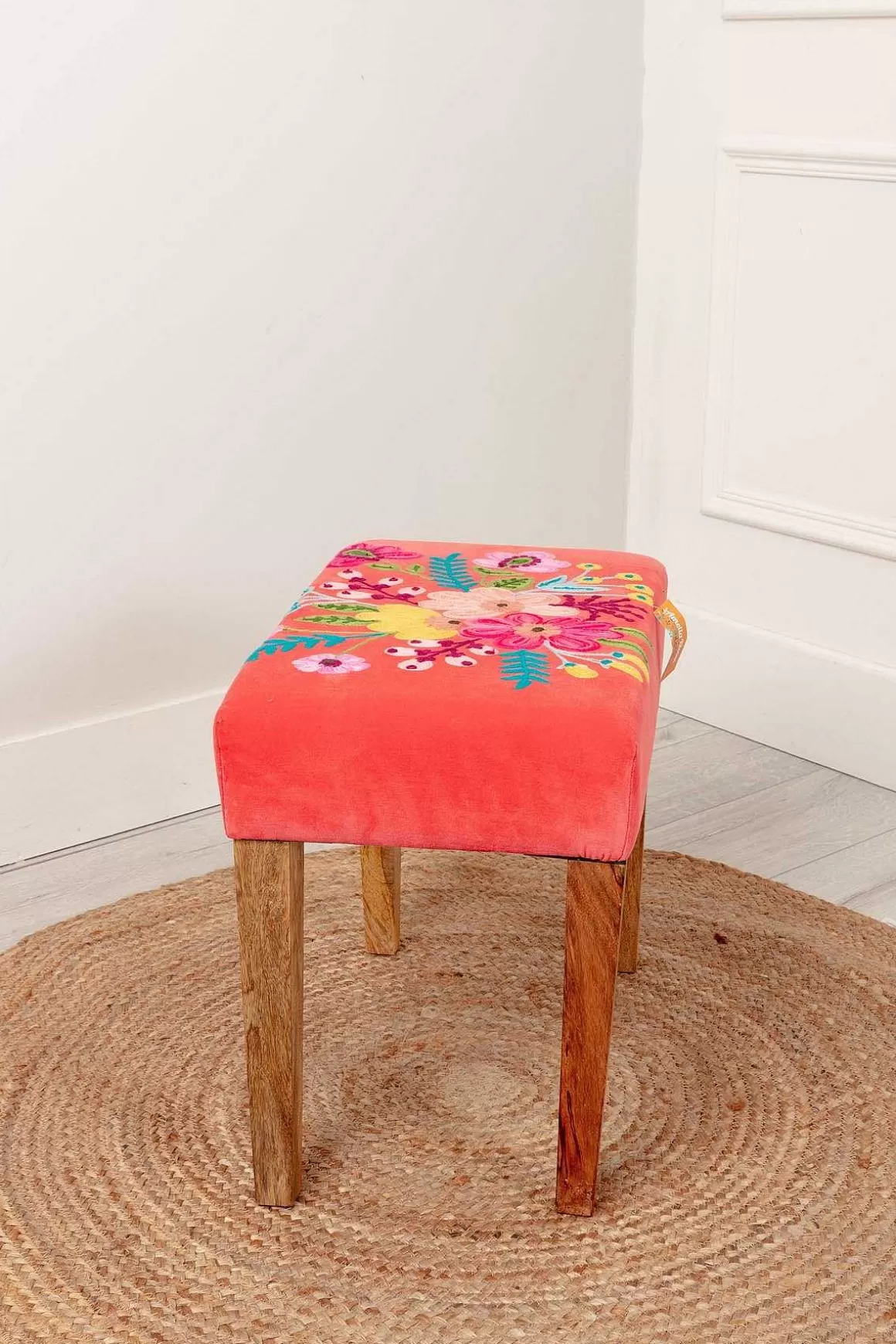 Carraig Donn HOME Coral Velvet Embroidered Floral Foot Stool Sale