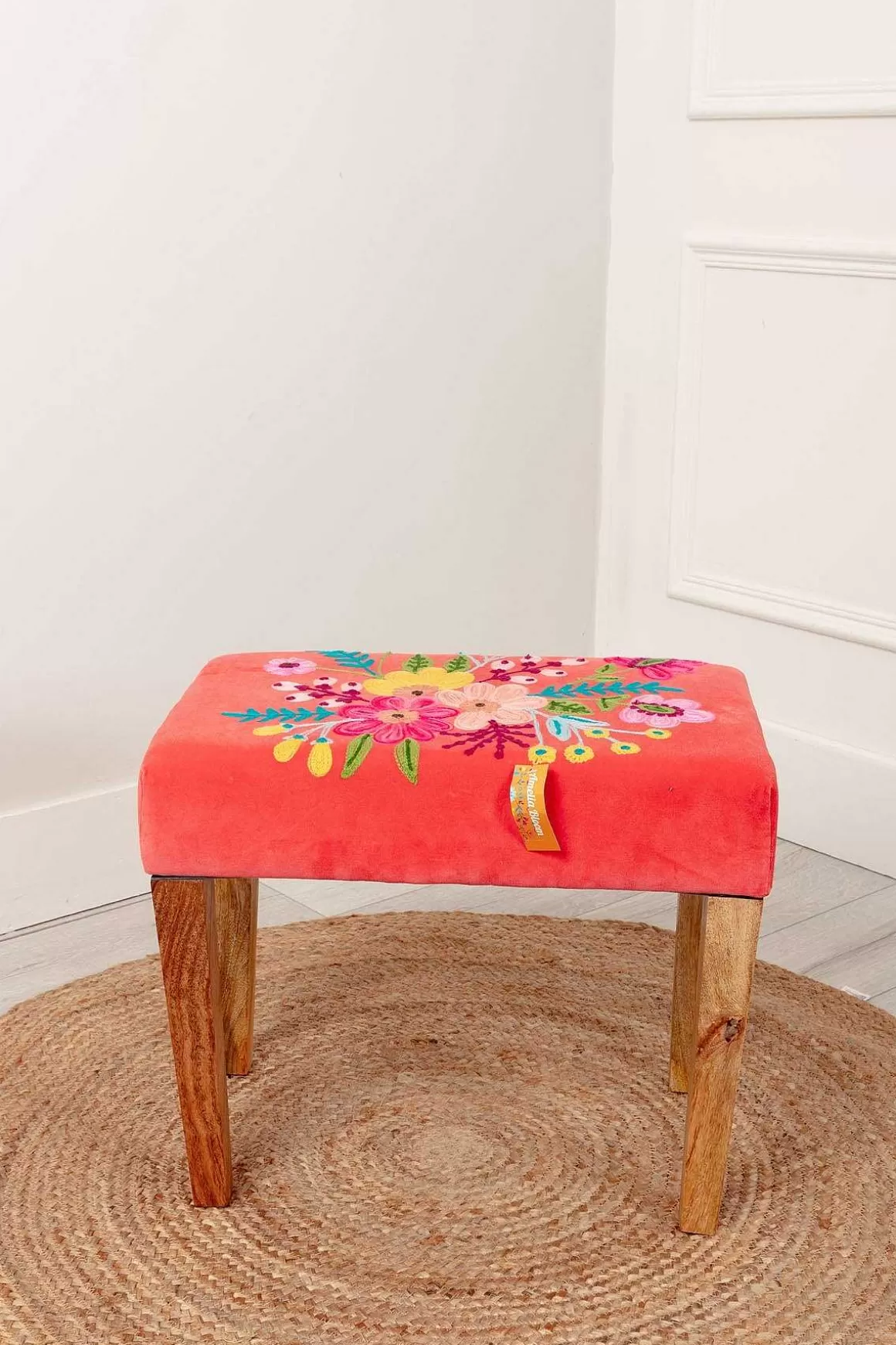 Carraig Donn HOME Coral Velvet Embroidered Floral Foot Stool Sale