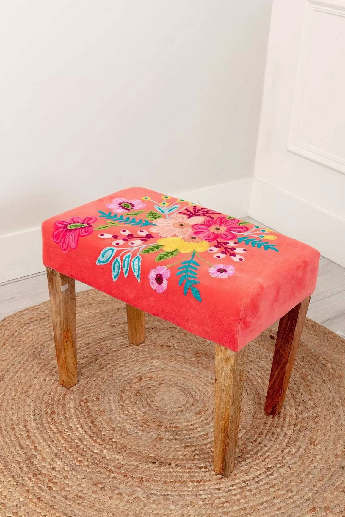 Carraig Donn HOME Coral Velvet Embroidered Floral Foot Stool Sale