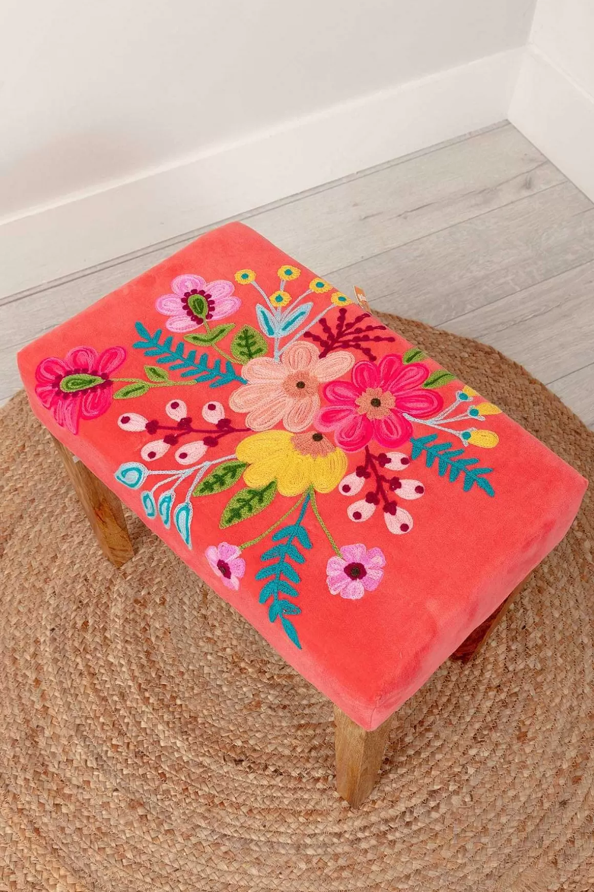 Carraig Donn HOME Coral Velvet Embroidered Floral Foot Stool Sale