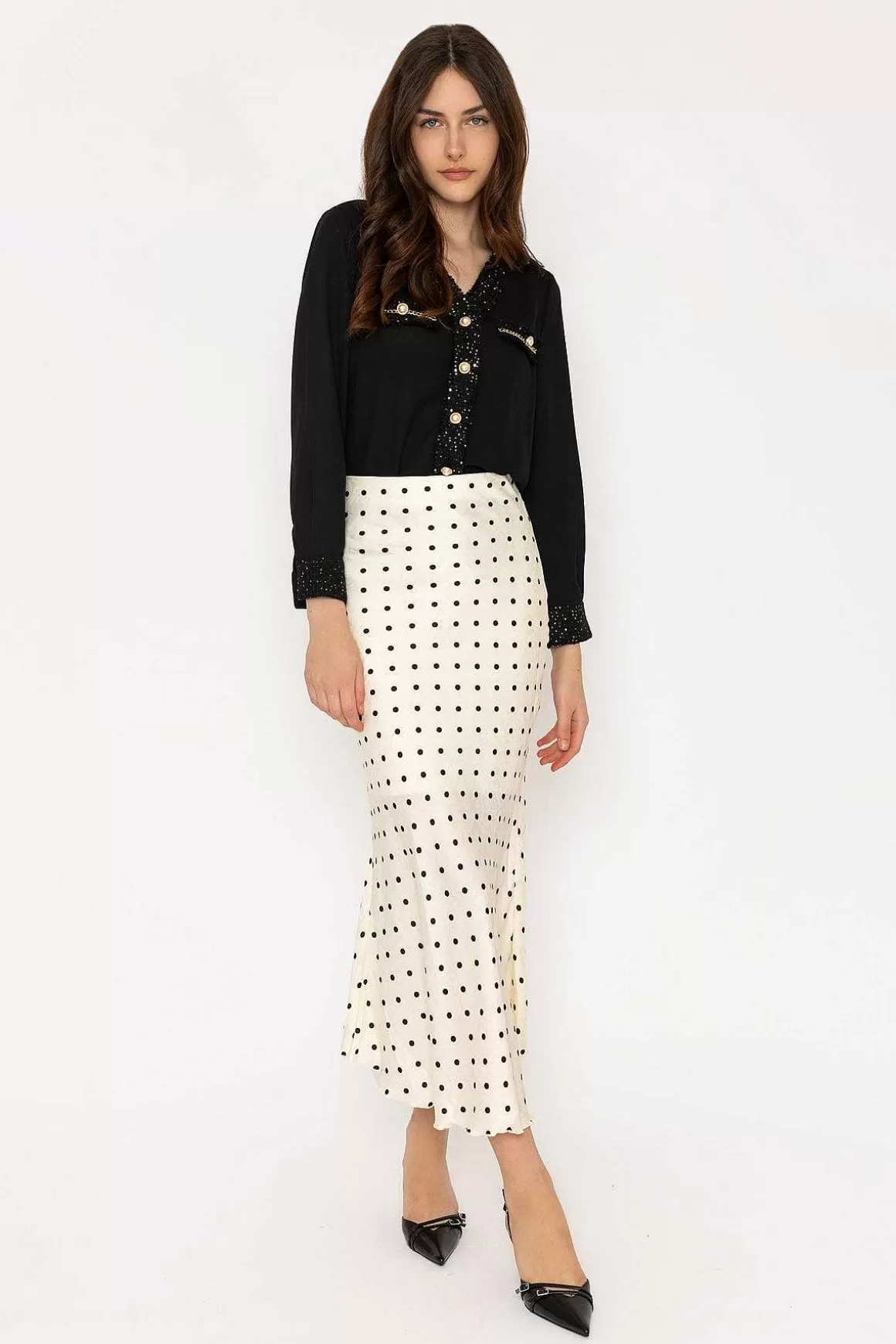 Elli White Cream Satin Polka Dot Midi Skirt Shop