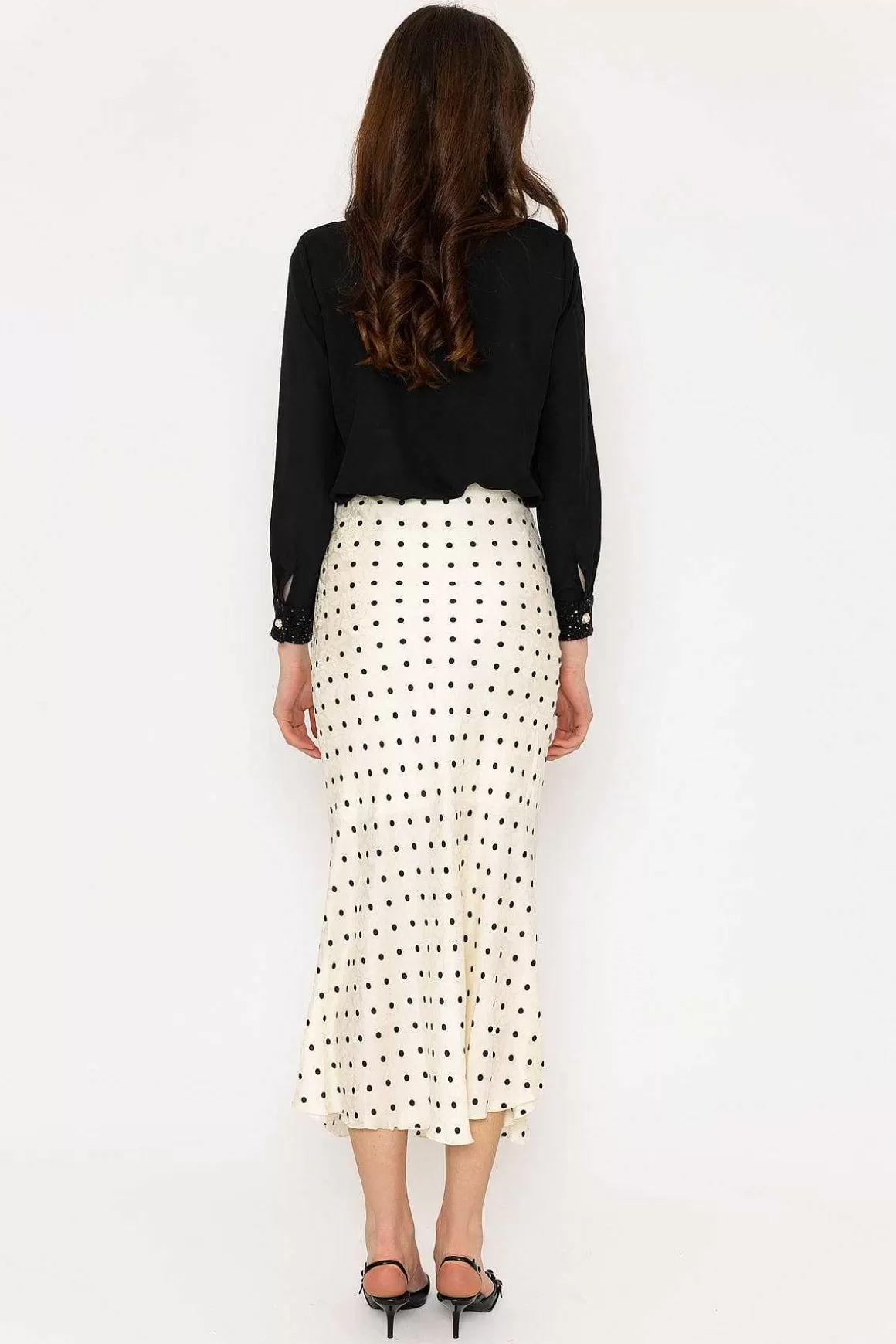 Elli White Cream Satin Polka Dot Midi Skirt Shop