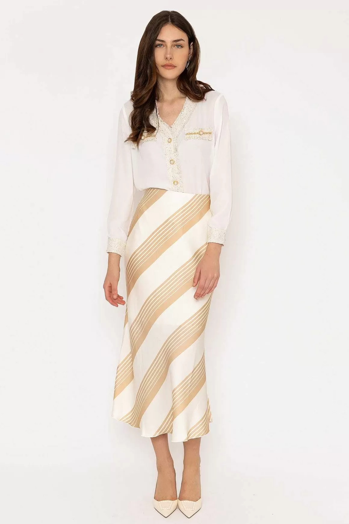 Elli White Cream Satin Stripe Midi Skirt New