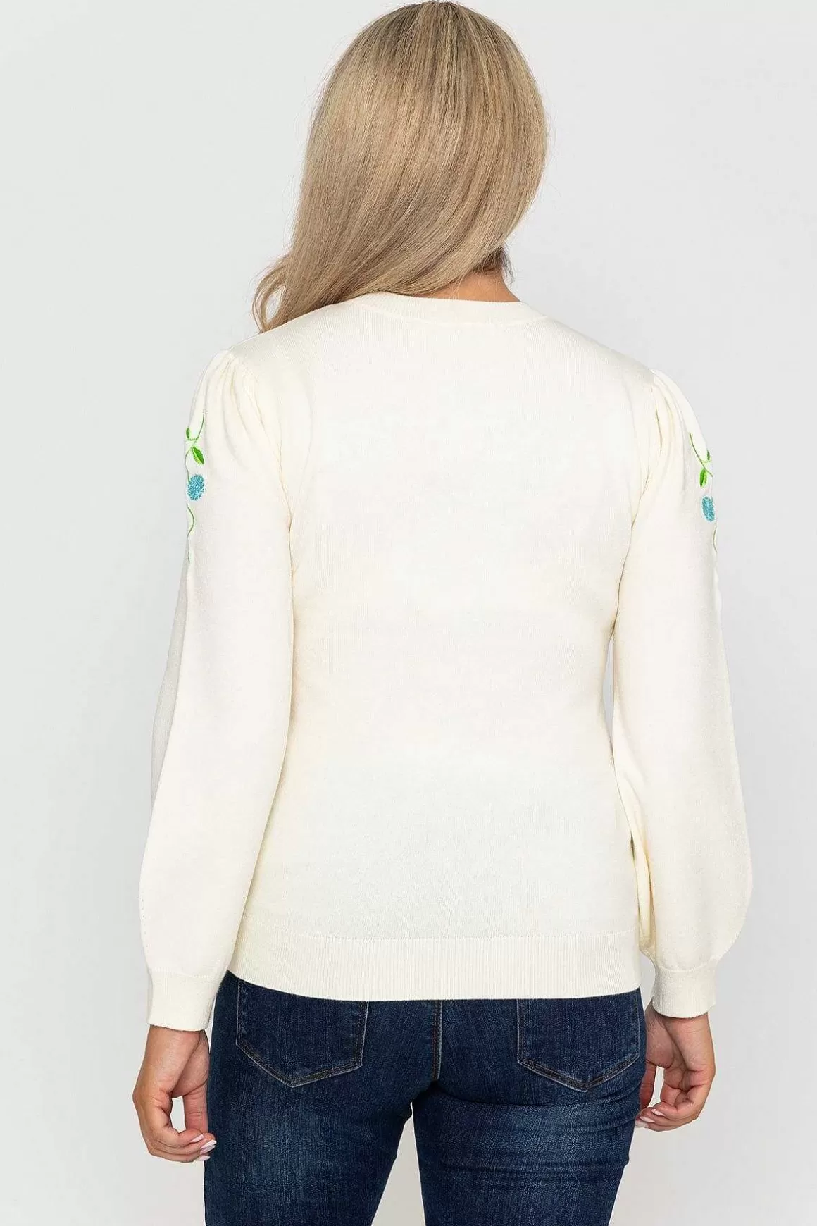 Kelly & Grace Weekend Embroidered Sleeve Knit In Ecru Store