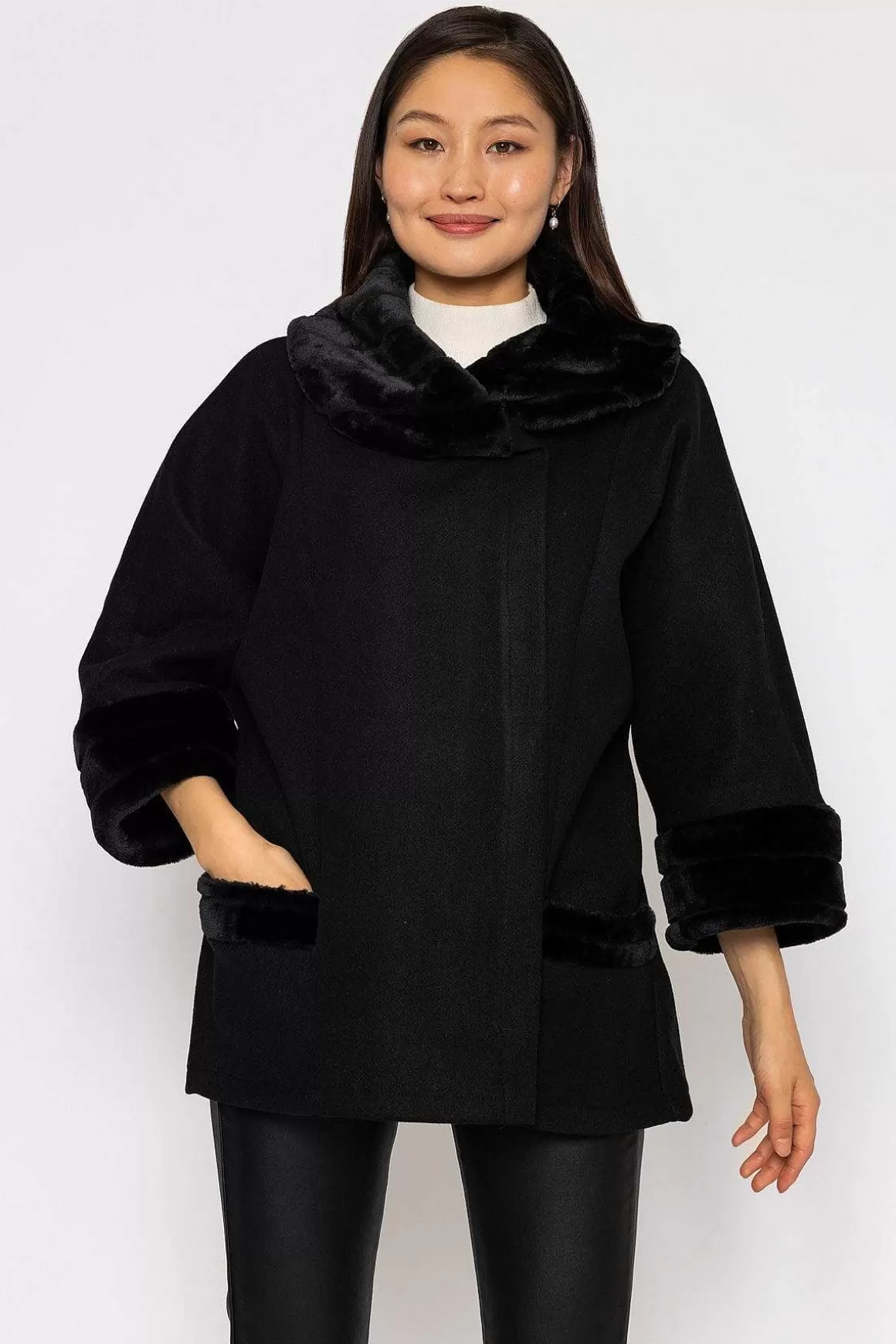 Pala D'oro Faux Fur Trim Jacket In Black Shop