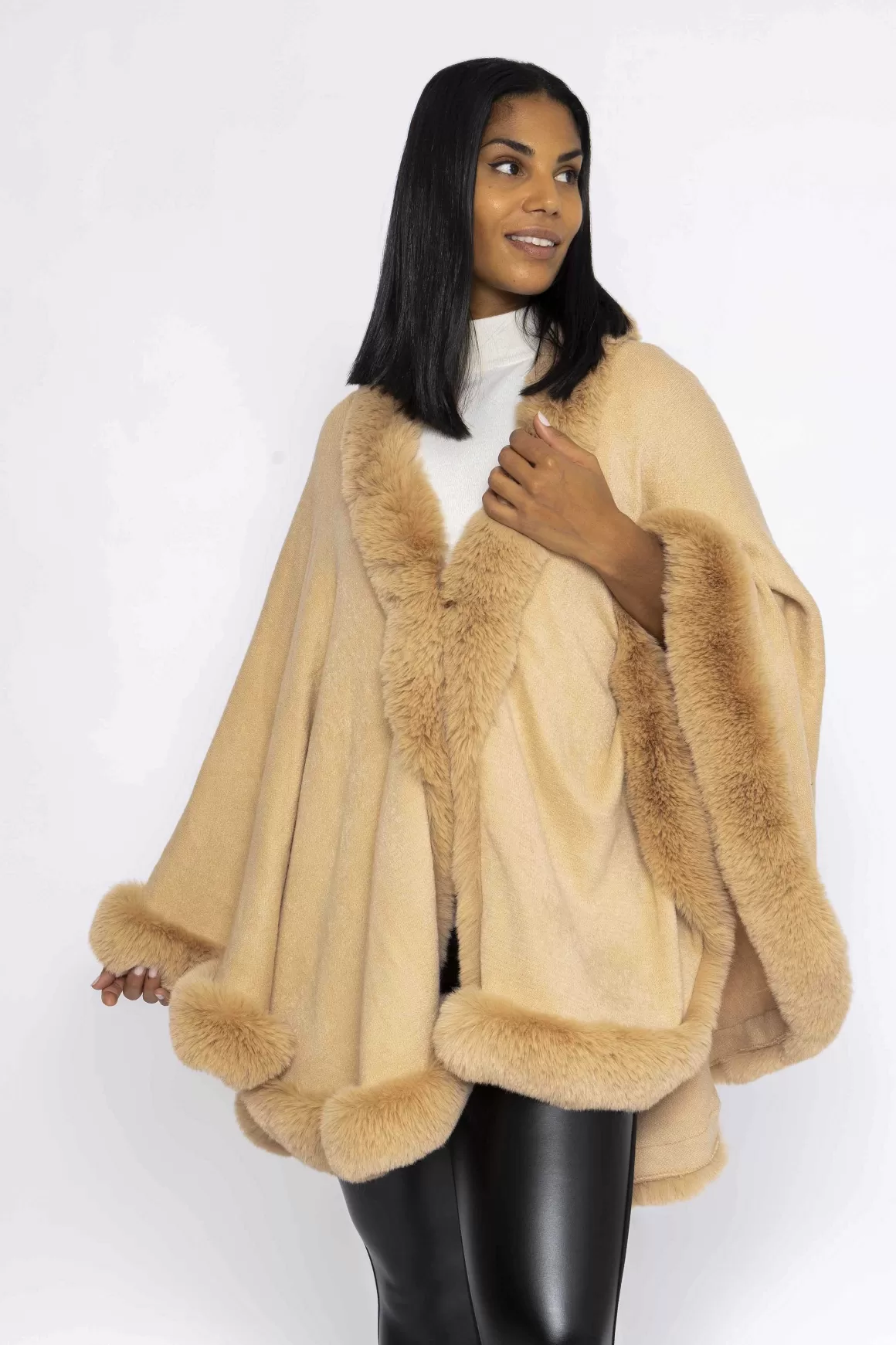 J'aime la Vie Faux Fur Trim Wrap In Camel Cheap