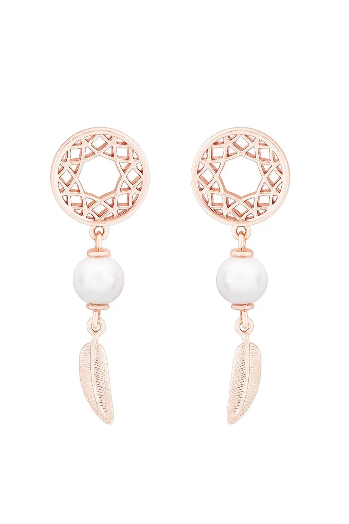 Tipperary Crystal Jewellery Feather & Pearl Boho Earrings In Rose Gold Clearance