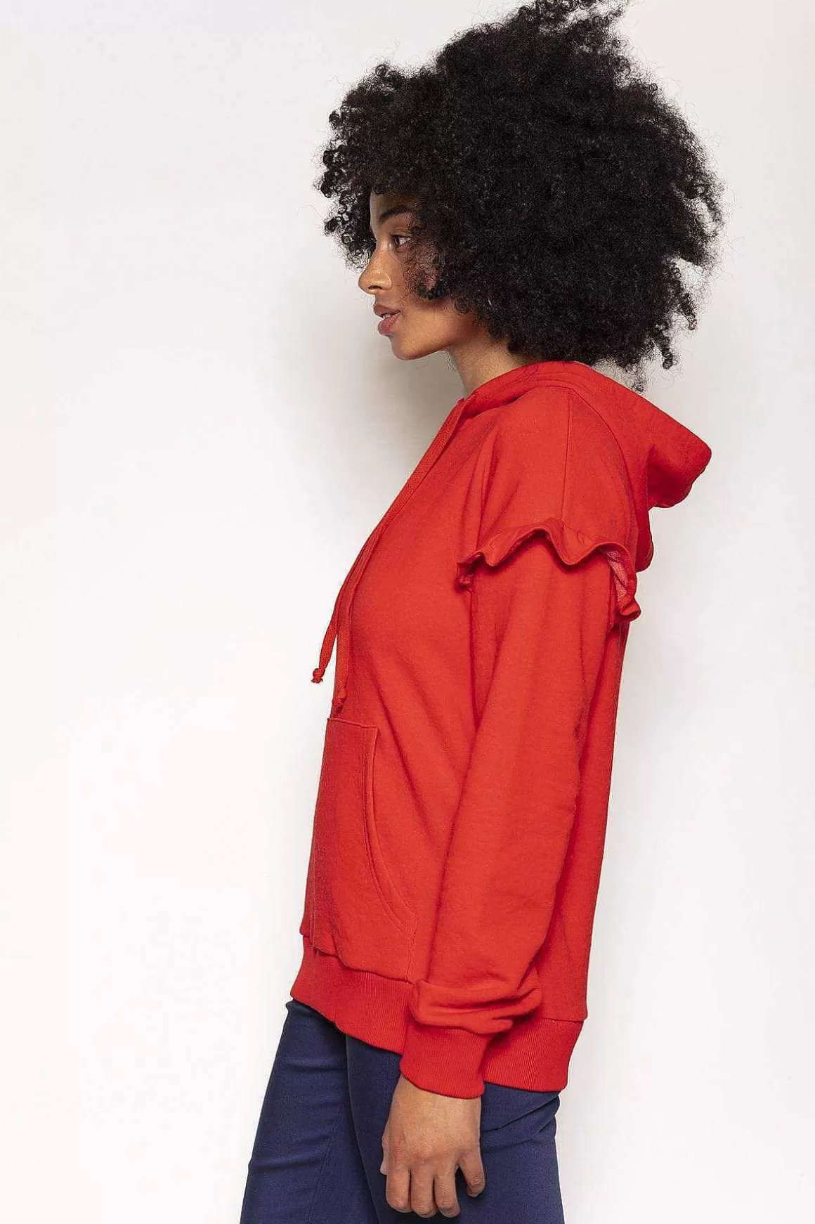 Kelly & Grace Weekend Frill Sleeve Hoody In Red Clearance