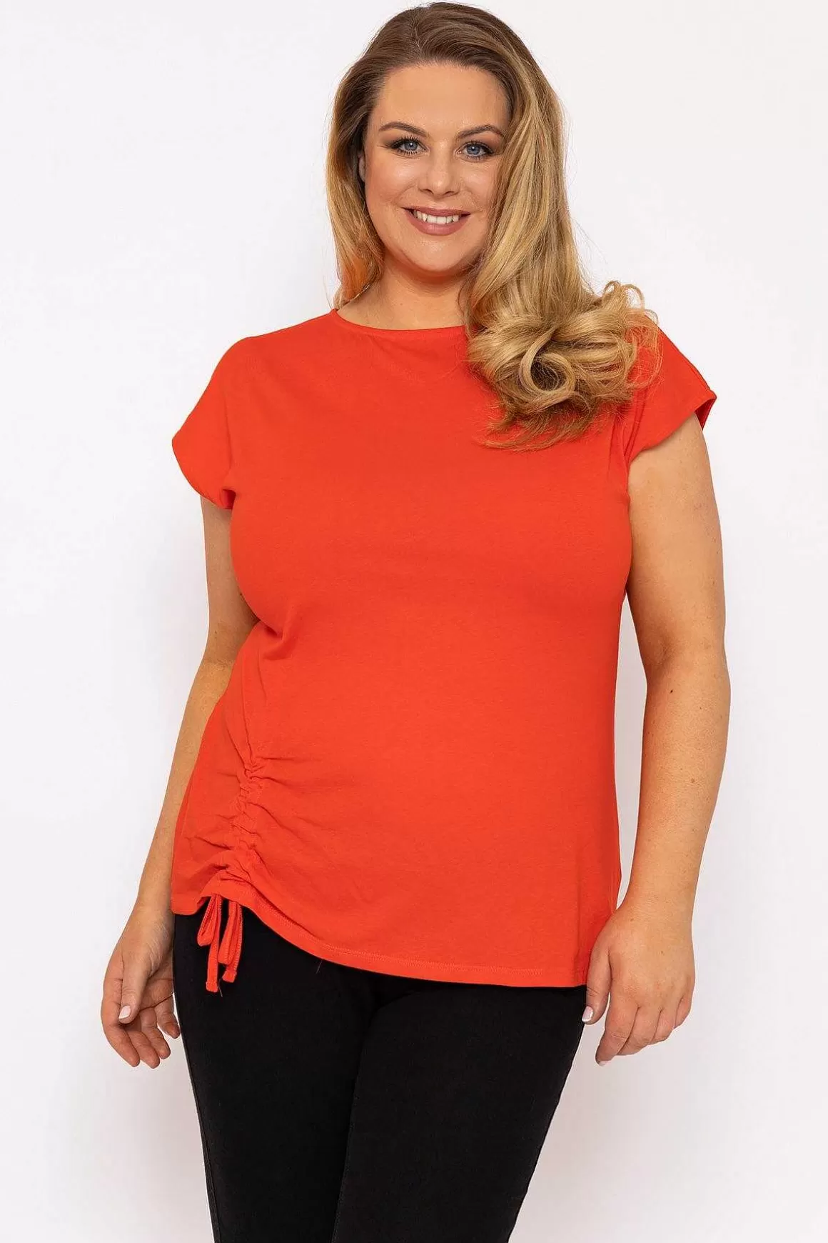 Ulla Popken Gathered Hem Short Sleeve Top In Red Best