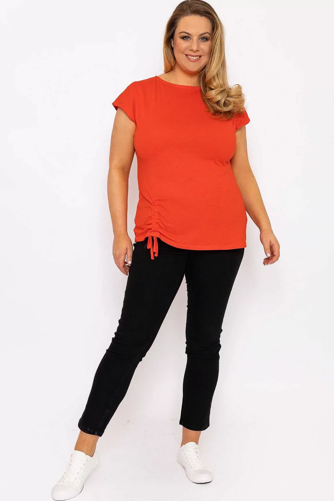 Ulla Popken Gathered Hem Short Sleeve Top In Red Best