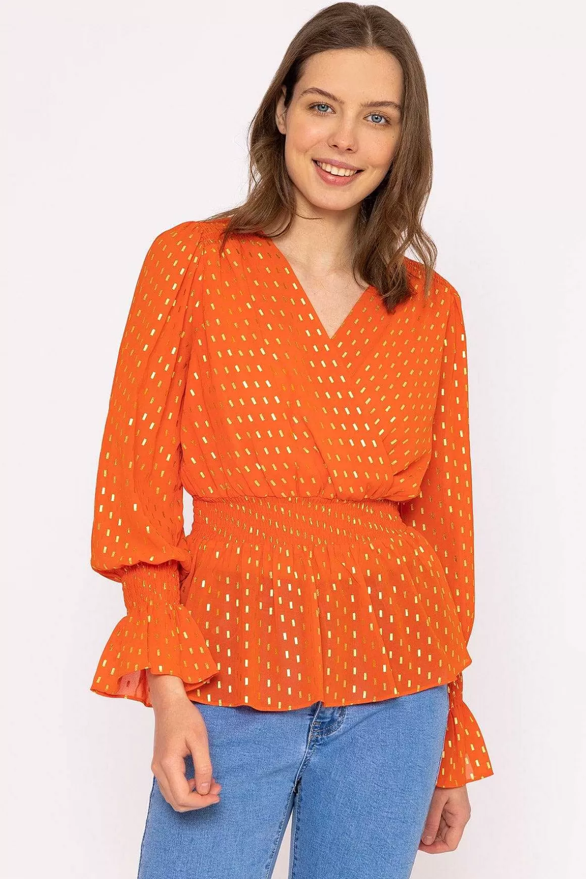 Rowen Avenue Gold Detail Wrap Top In Coral Hot