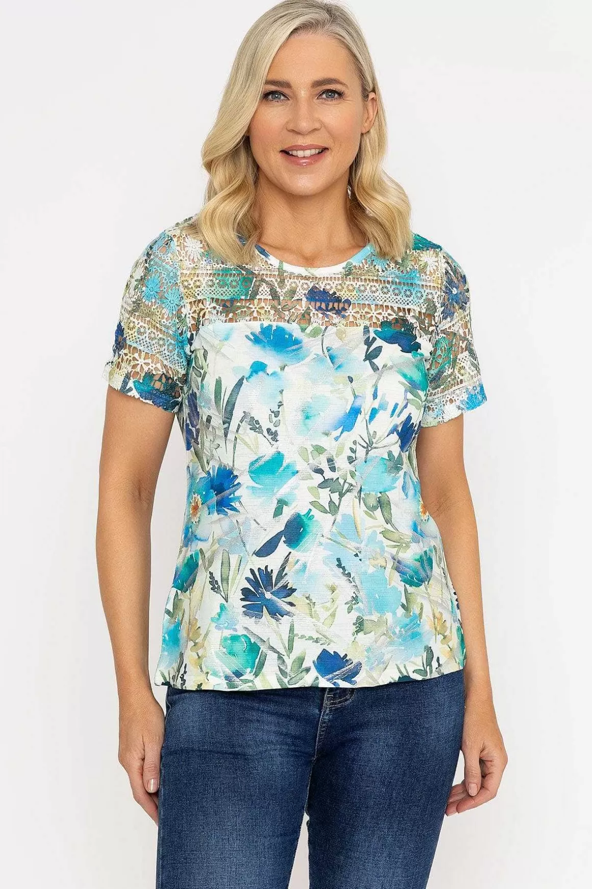 Voulez Vous Green Foil Print Top With Lace Online