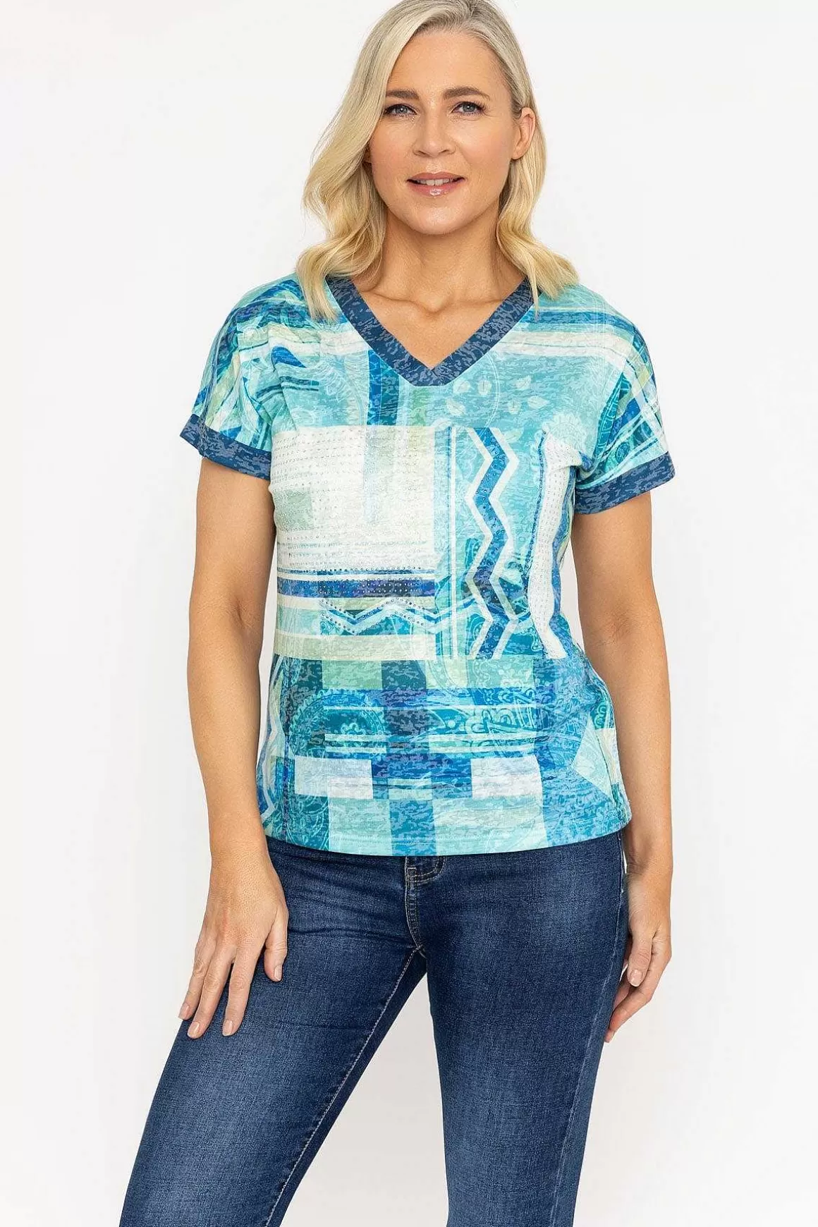 Voulez Vous Green Printed V Neck Burnout Top Discount