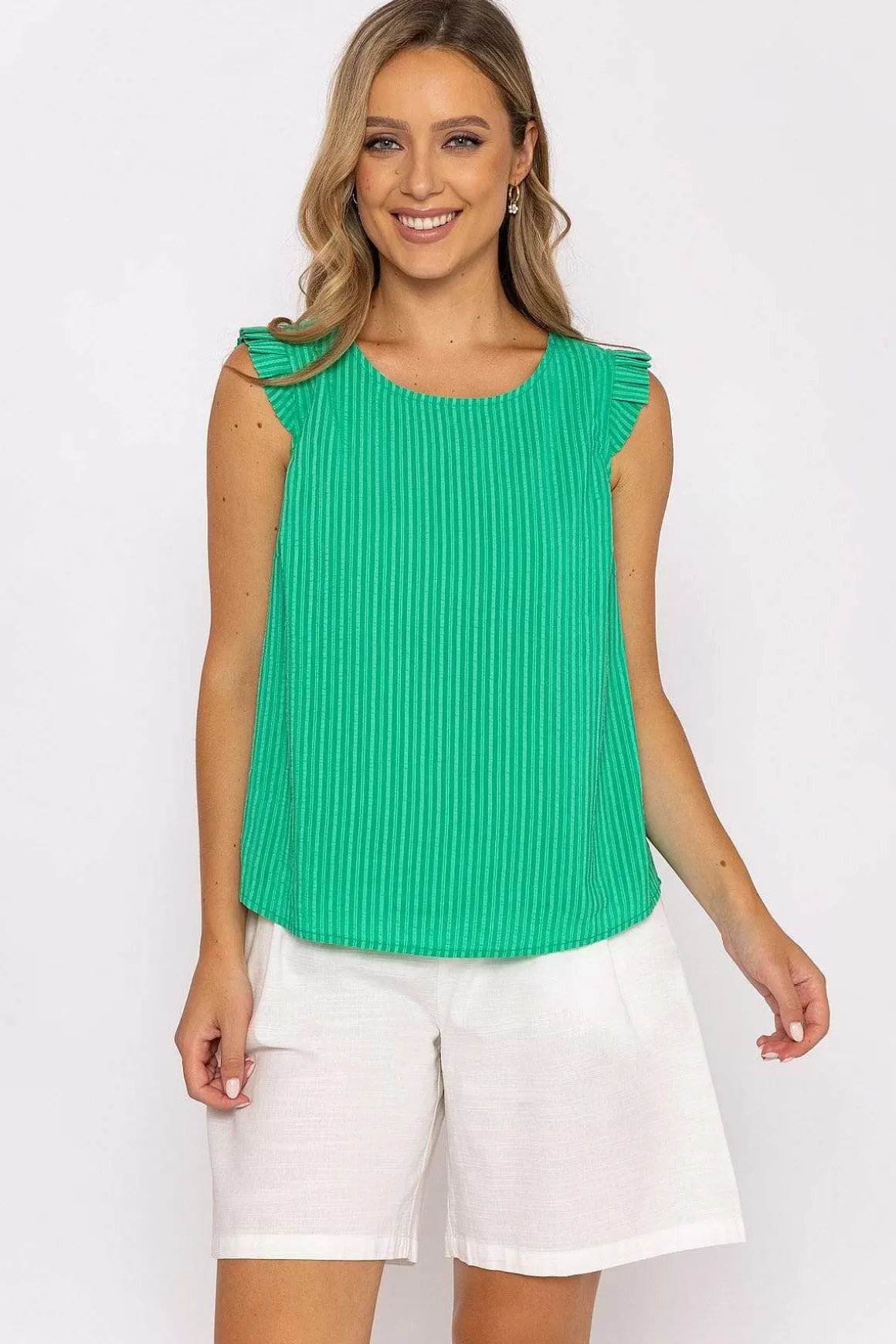 Rowen Avenue Green Ruffle Sleeveless Top Cheap