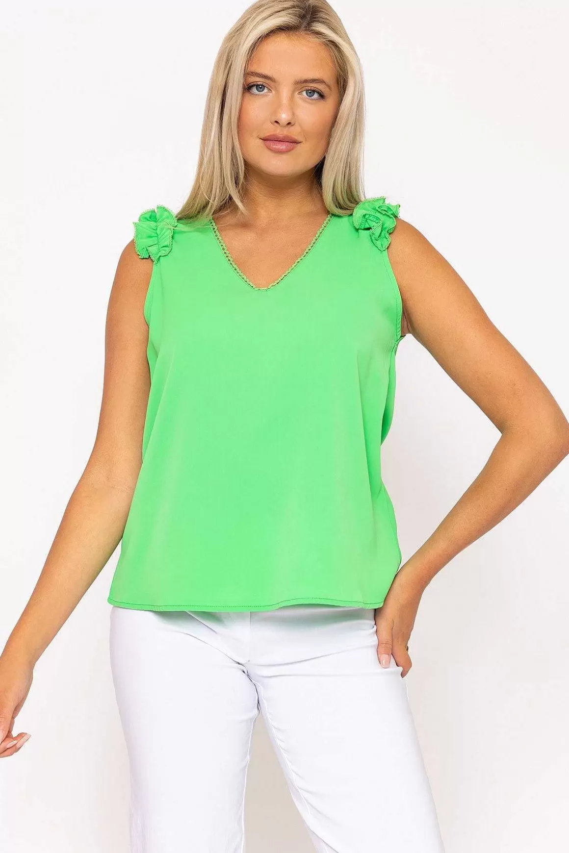 Rowen Avenue Green Sleeveless Ruffle Top Sale