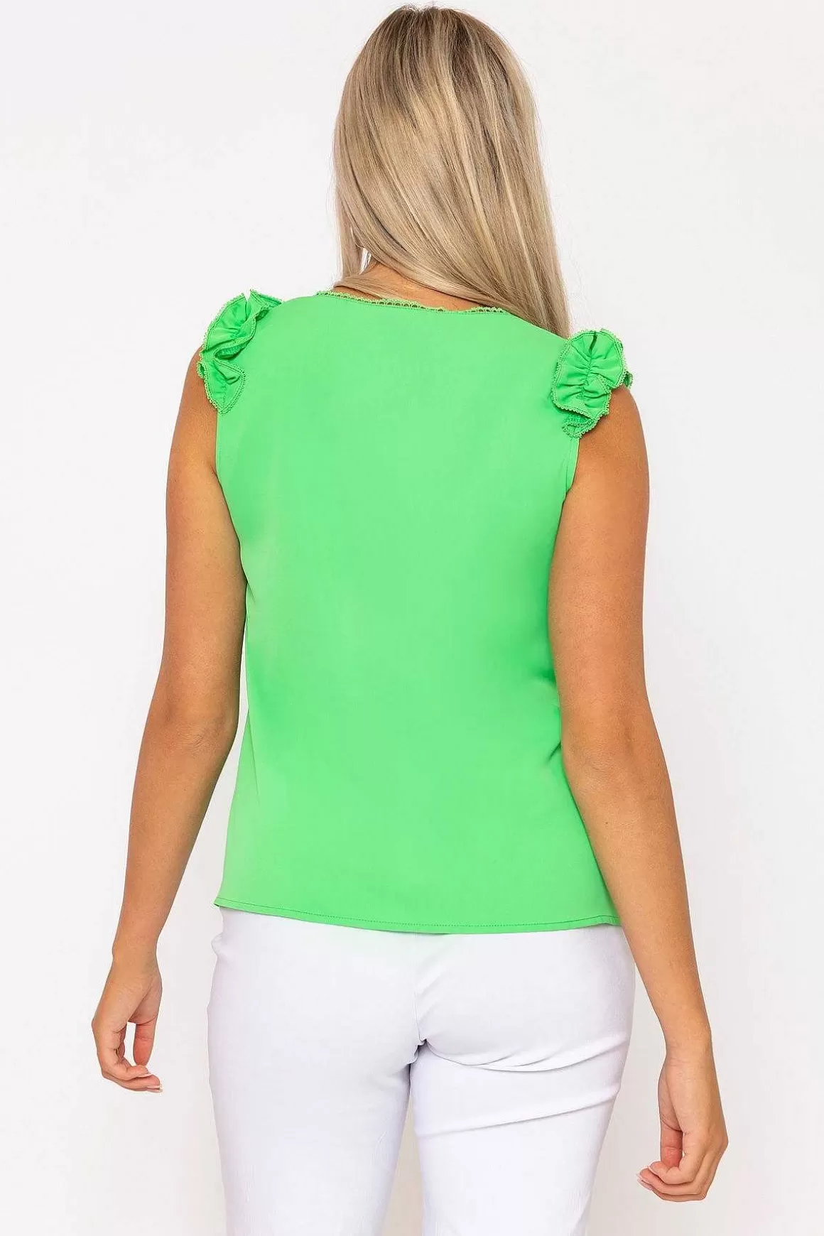 Rowen Avenue Green Sleeveless Ruffle Top Sale