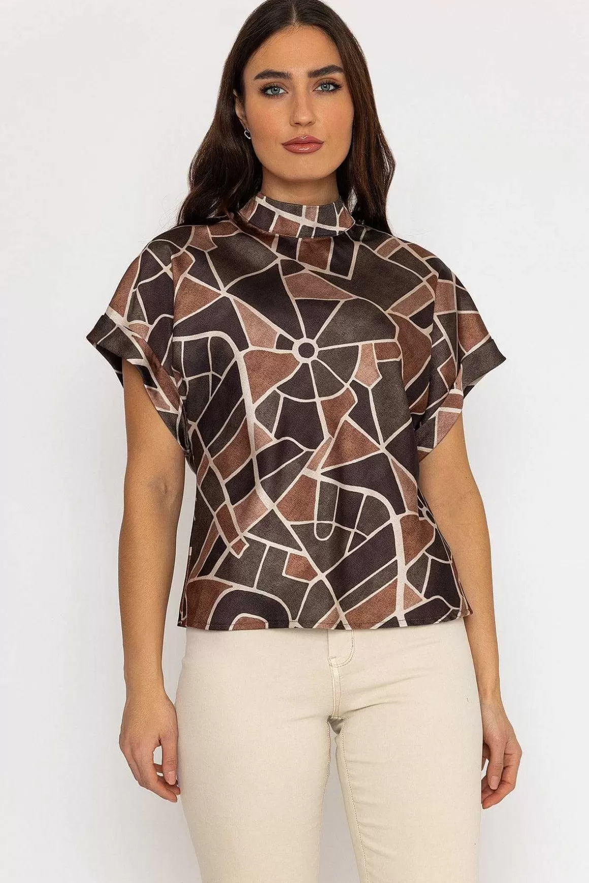 Pala D'oro High Neck Sateen Top In Khaki Print Fashion