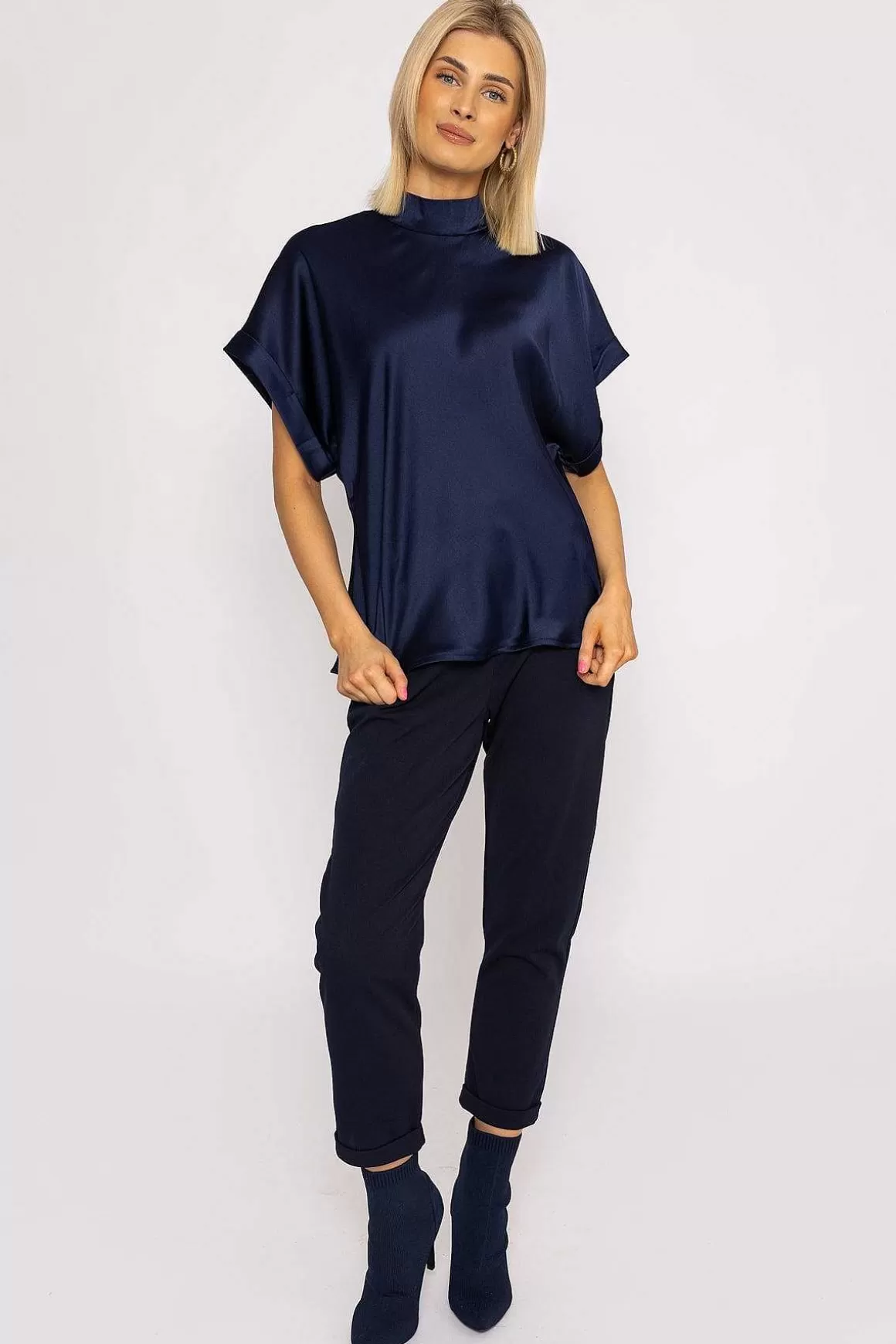 Pala D'oro High Neck Sateen Top In Navy Shop