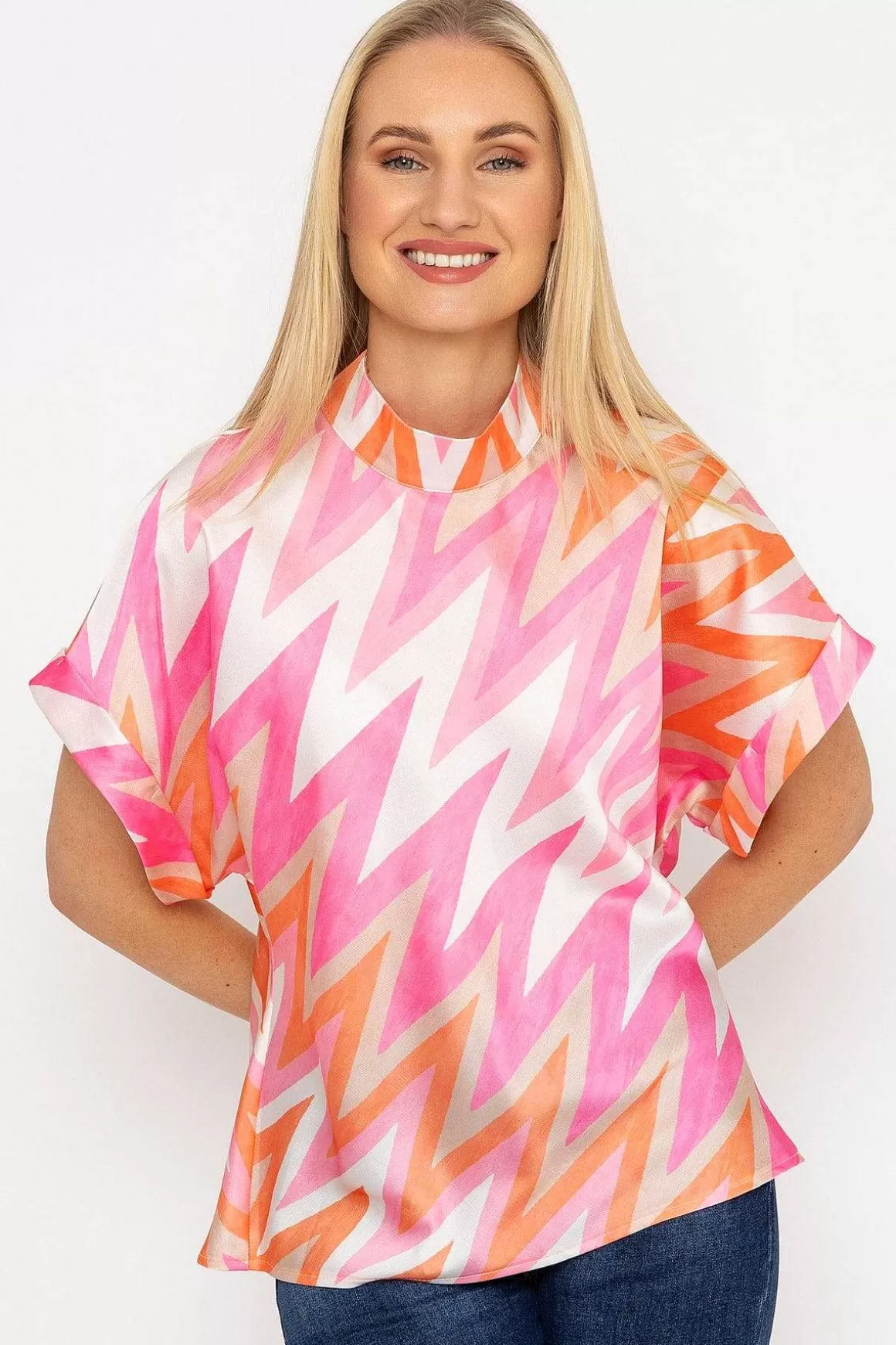 Pala D'oro High Neck Sateen Top In Pink And Orange Print Outlet