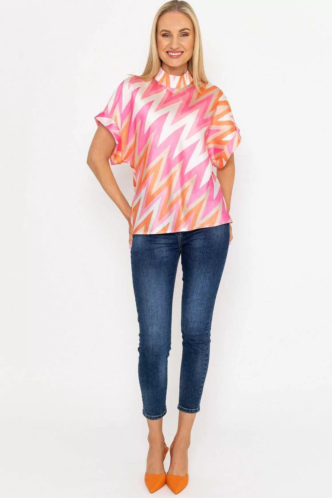 Pala D'oro High Neck Sateen Top In Pink And Orange Print Outlet